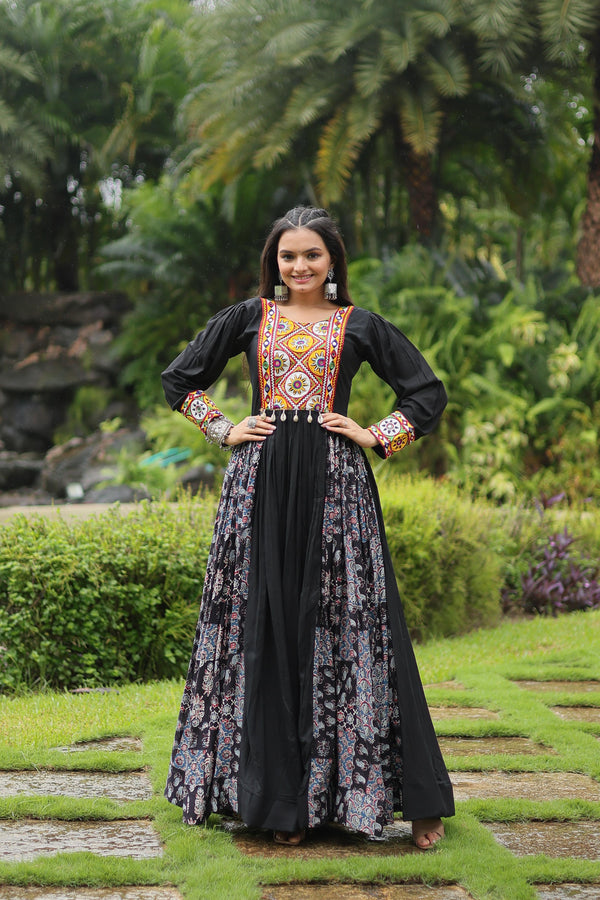 Traditional Wear Black Color Rayon With Kutchi Gamthi Work Designer Gown