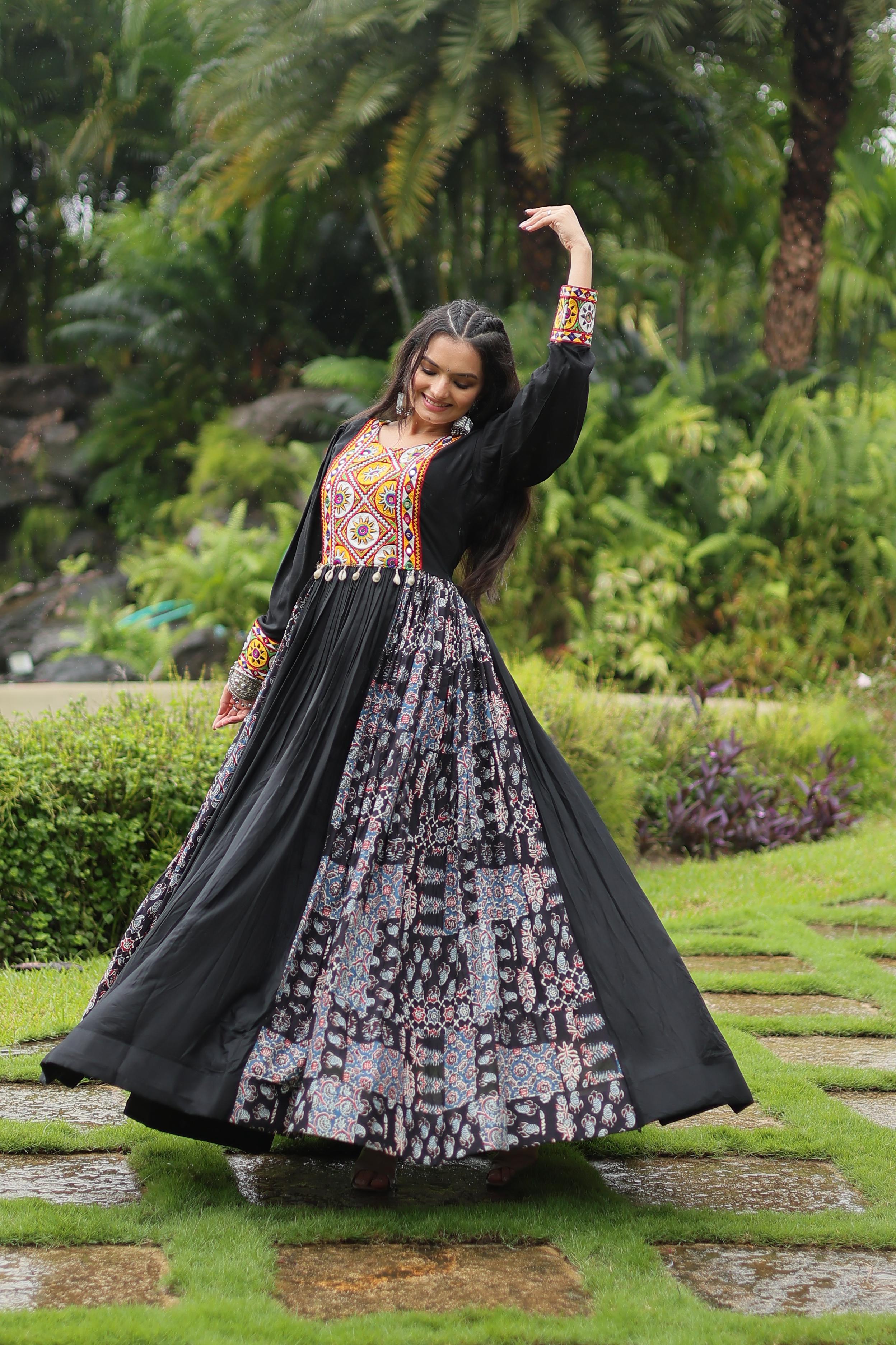 Traditional Wear Black Color Rayon With Kutchi Gamthi Work Designer Gown