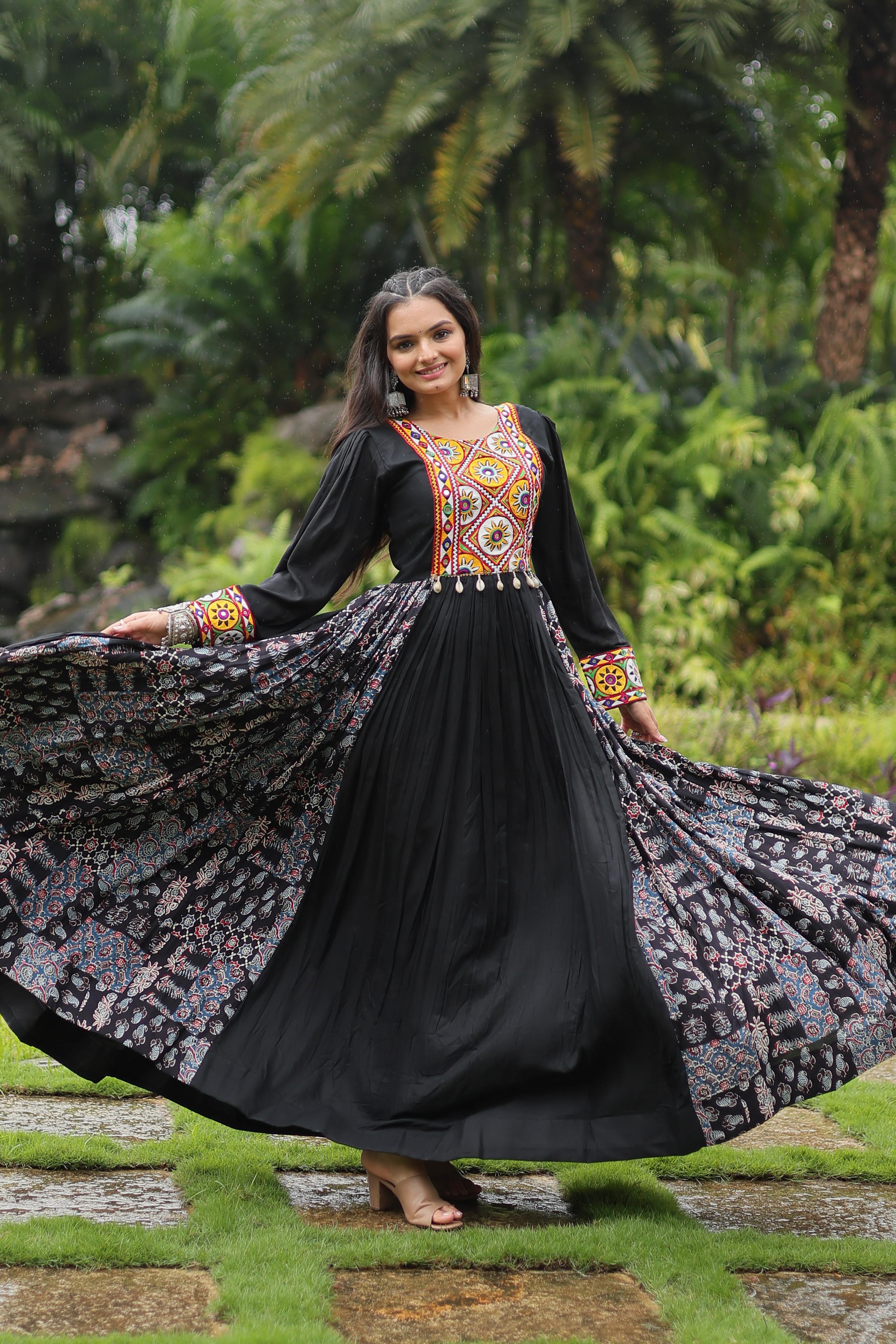 Traditional Wear Black Color Rayon With Kutchi Gamthi Work Designer Gown