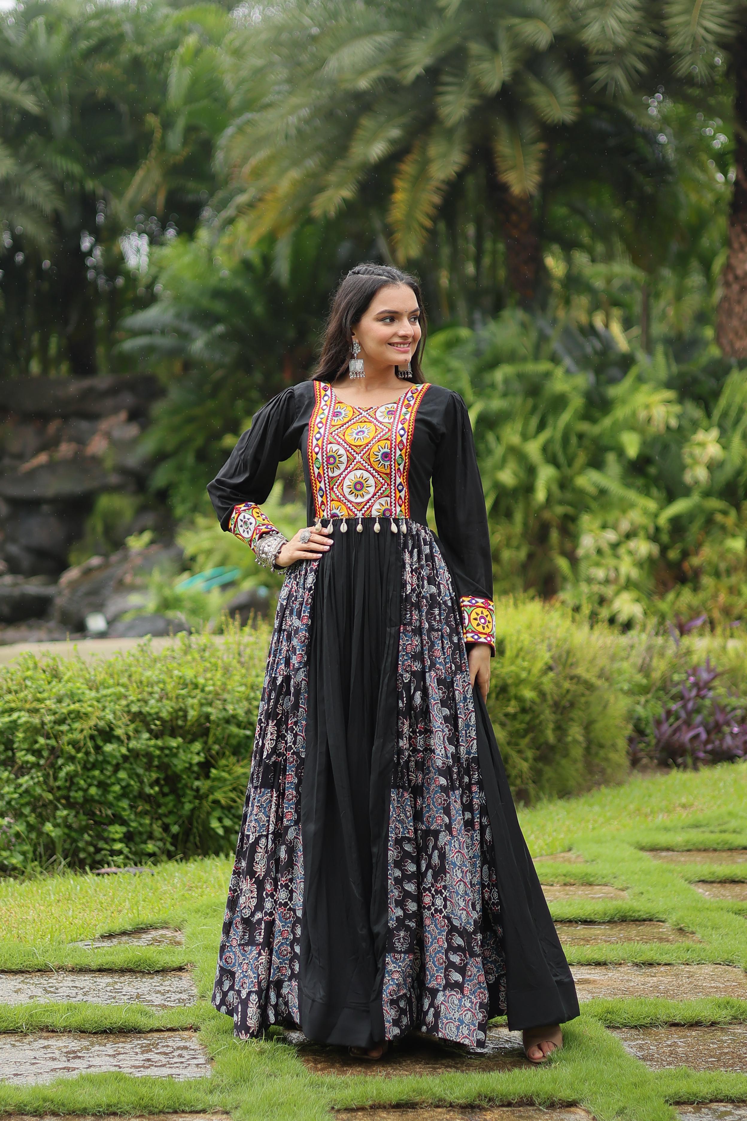 Traditional Wear Black Color Rayon With Kutchi Gamthi Work Designer Gown