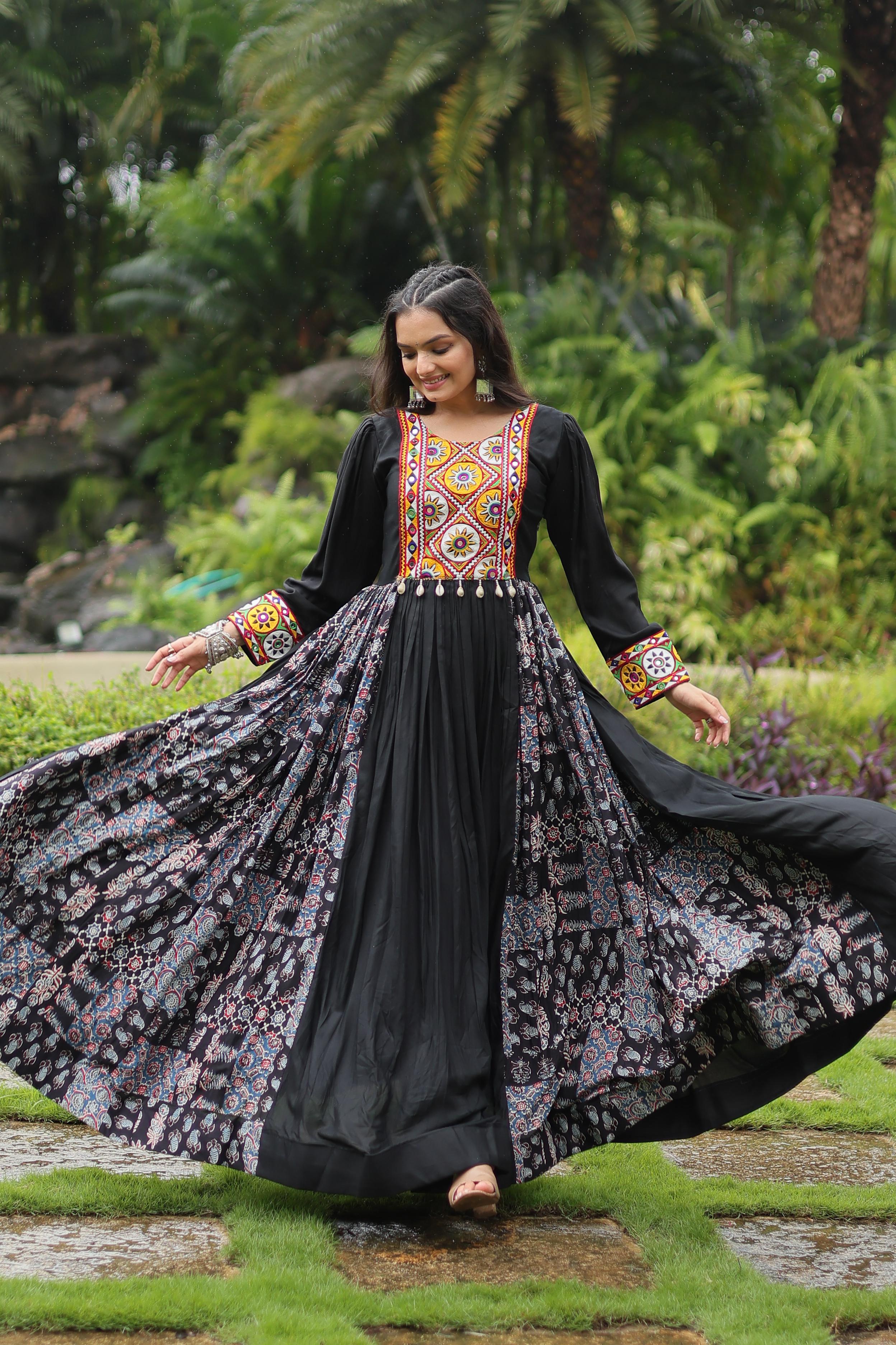 Traditional Wear Black Color Rayon With Kutchi Gamthi Work Designer Gown