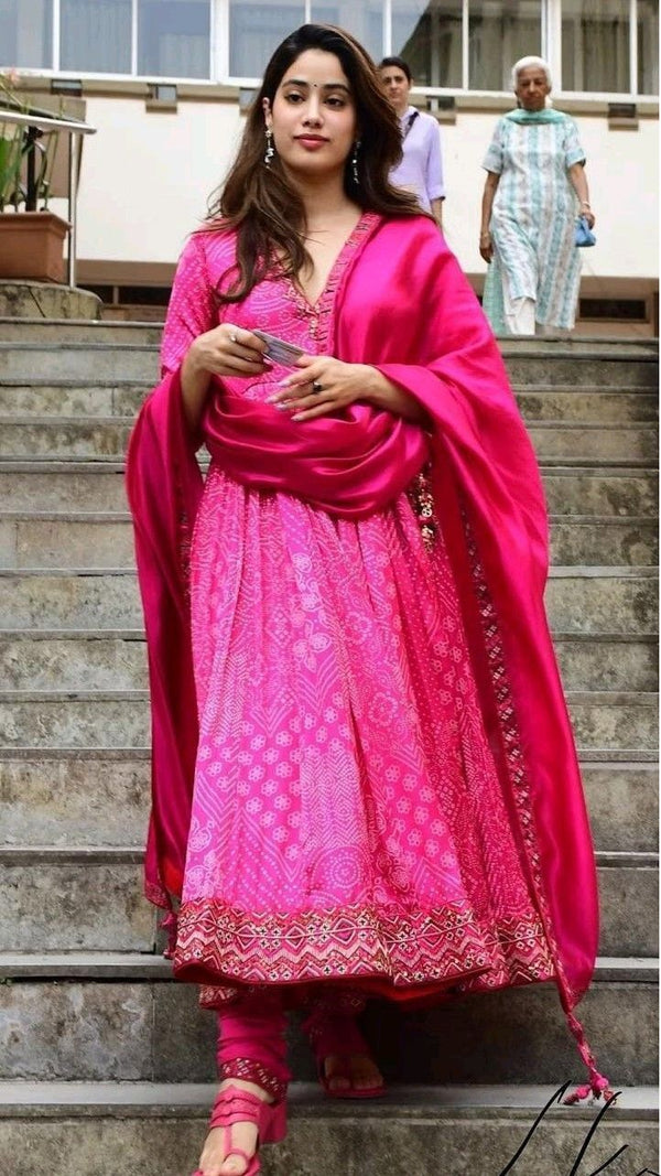 Bollywood Style Jahnavi Kapoor Pink Color Faux Georgette With Digital Print Work And Heavy Embroidery Sequence Work Anarkali Suit