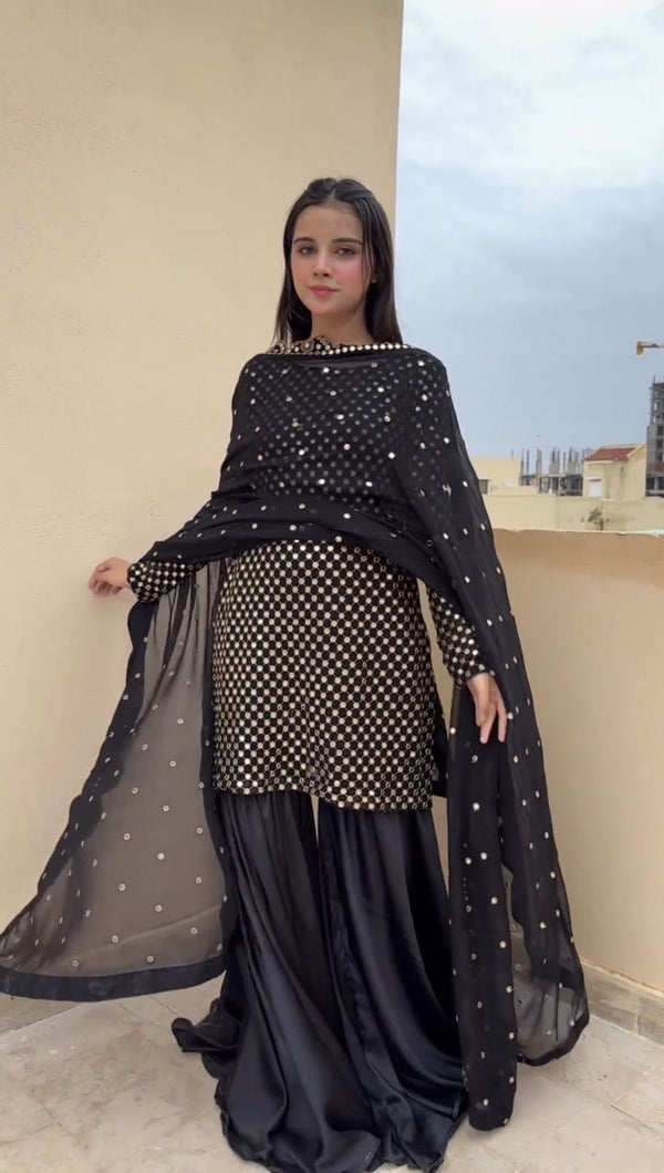 Party Wear Black Color Faux Georgette Thread With 9mm Sequence Designer Sharara Suit