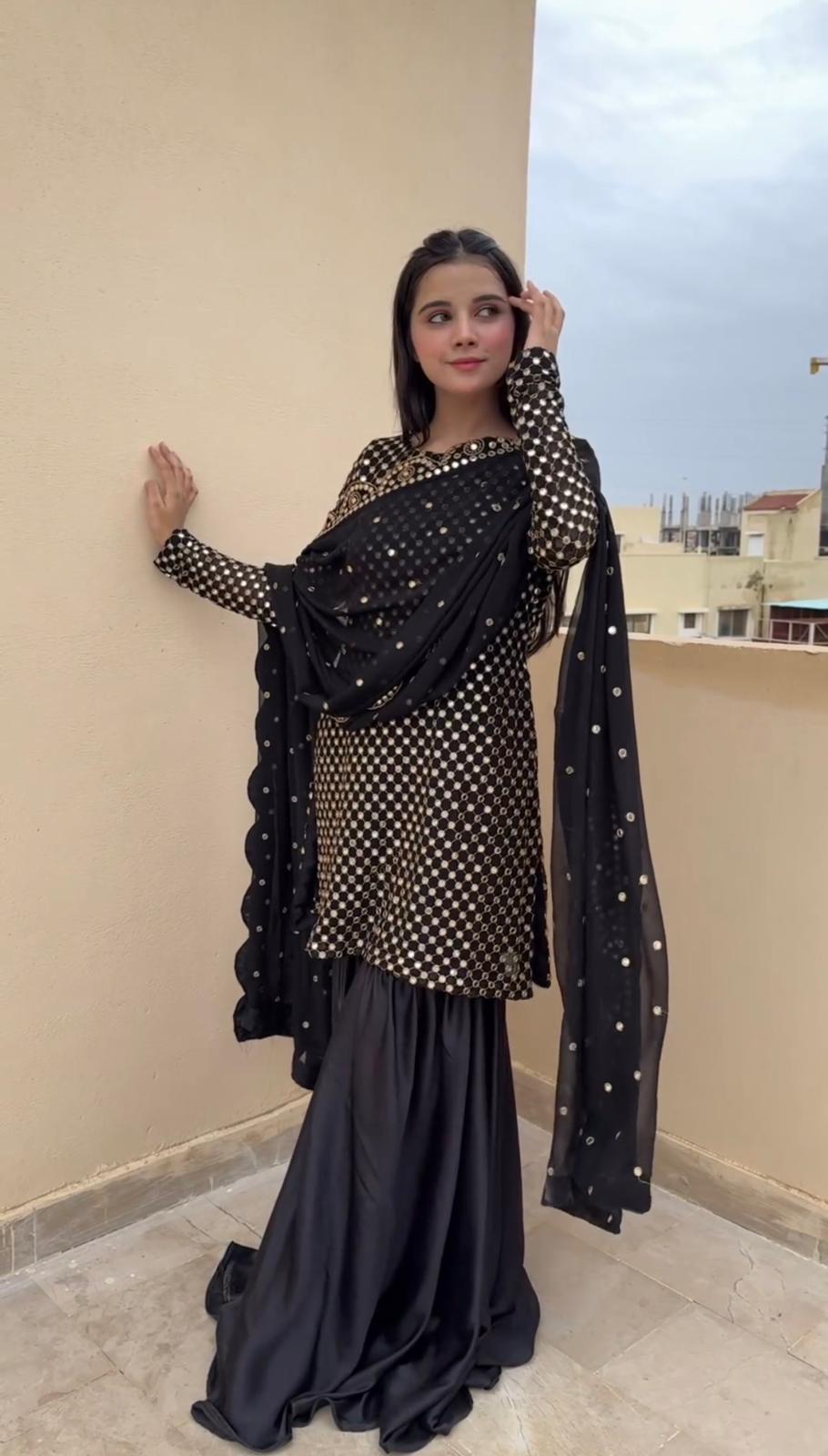 Party Wear Black Color Faux Georgette Thread With 9mm Sequence Designer Sharara Suit