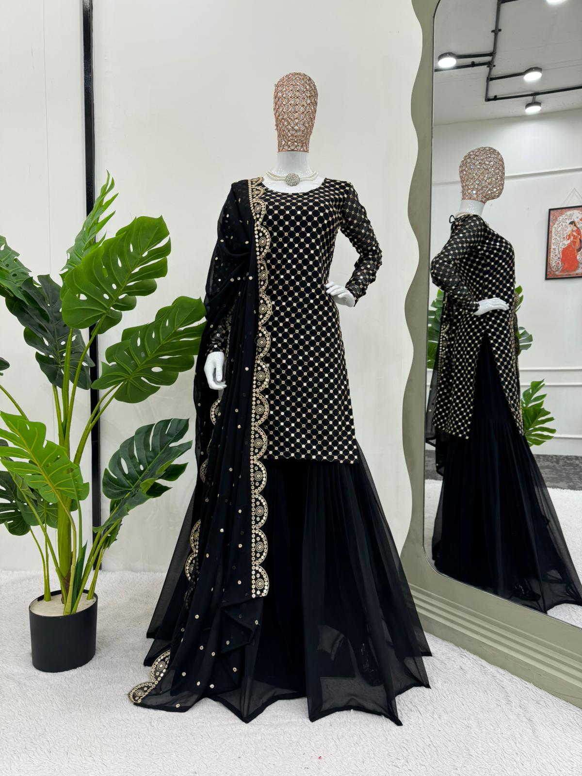 Party Wear Black Color Faux Georgette Thread With 9mm Sequence Designer Sharara Suit