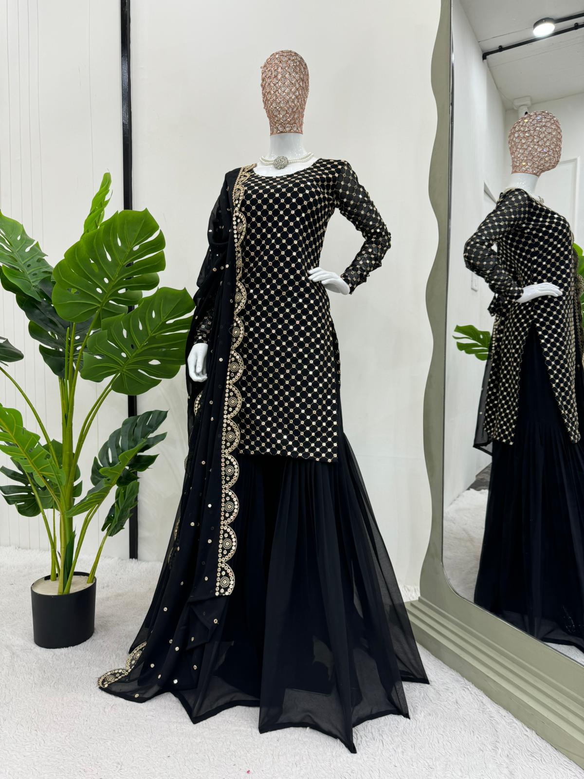 Party Wear Black Color Faux Georgette Thread With 9mm Sequence Designer Sharara Suit