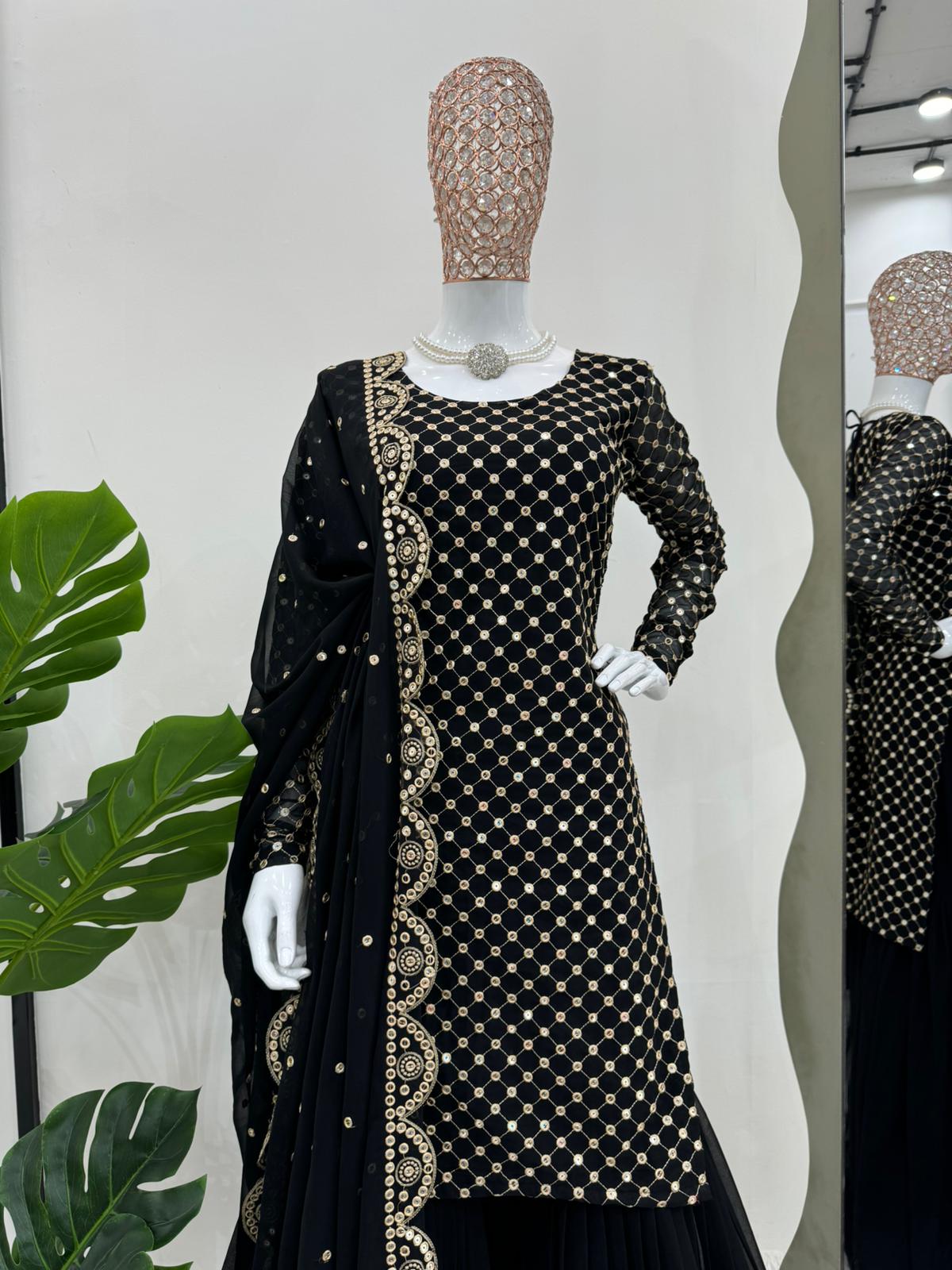 Party Wear Black Color Faux Georgette Thread With 9mm Sequence Designer Sharara Suit