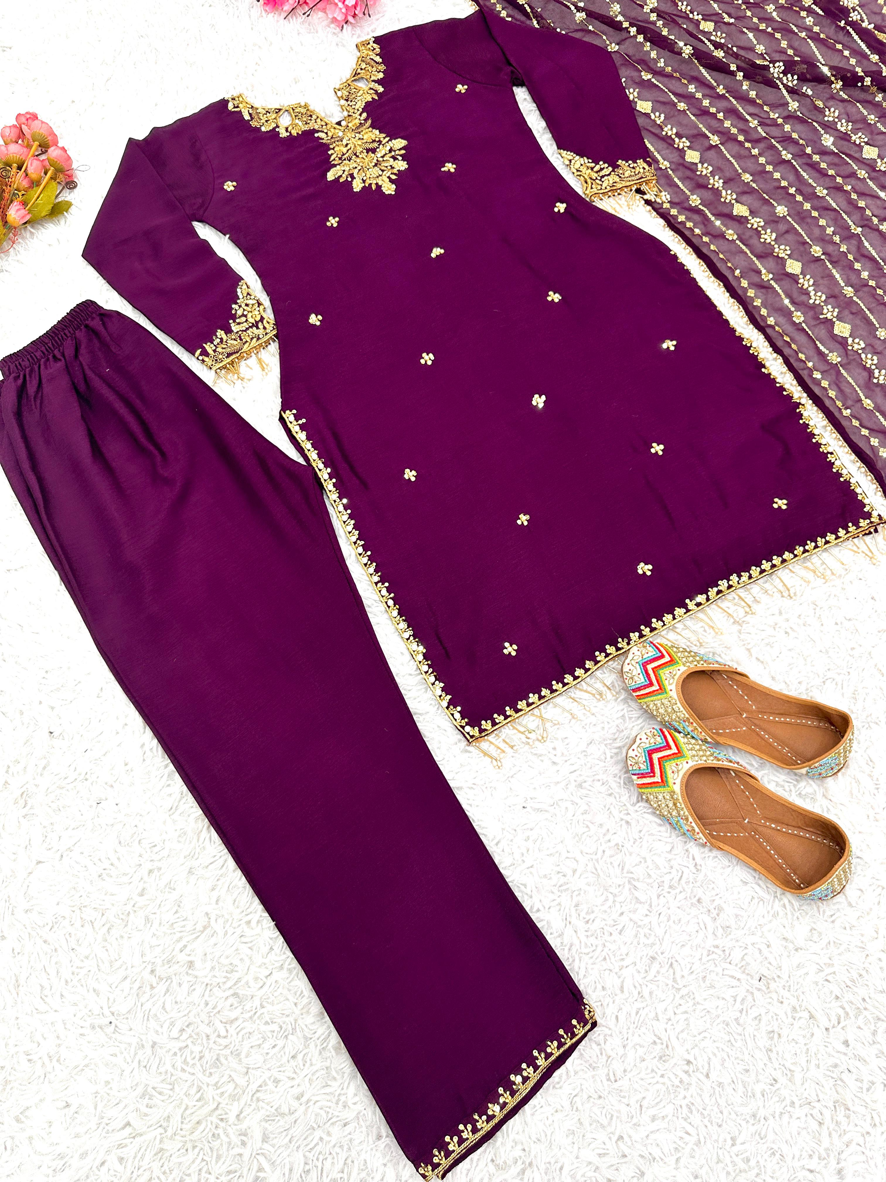 Classic Wine Color Pure Chinon Silk With Peals Work Designer Salwar Suit