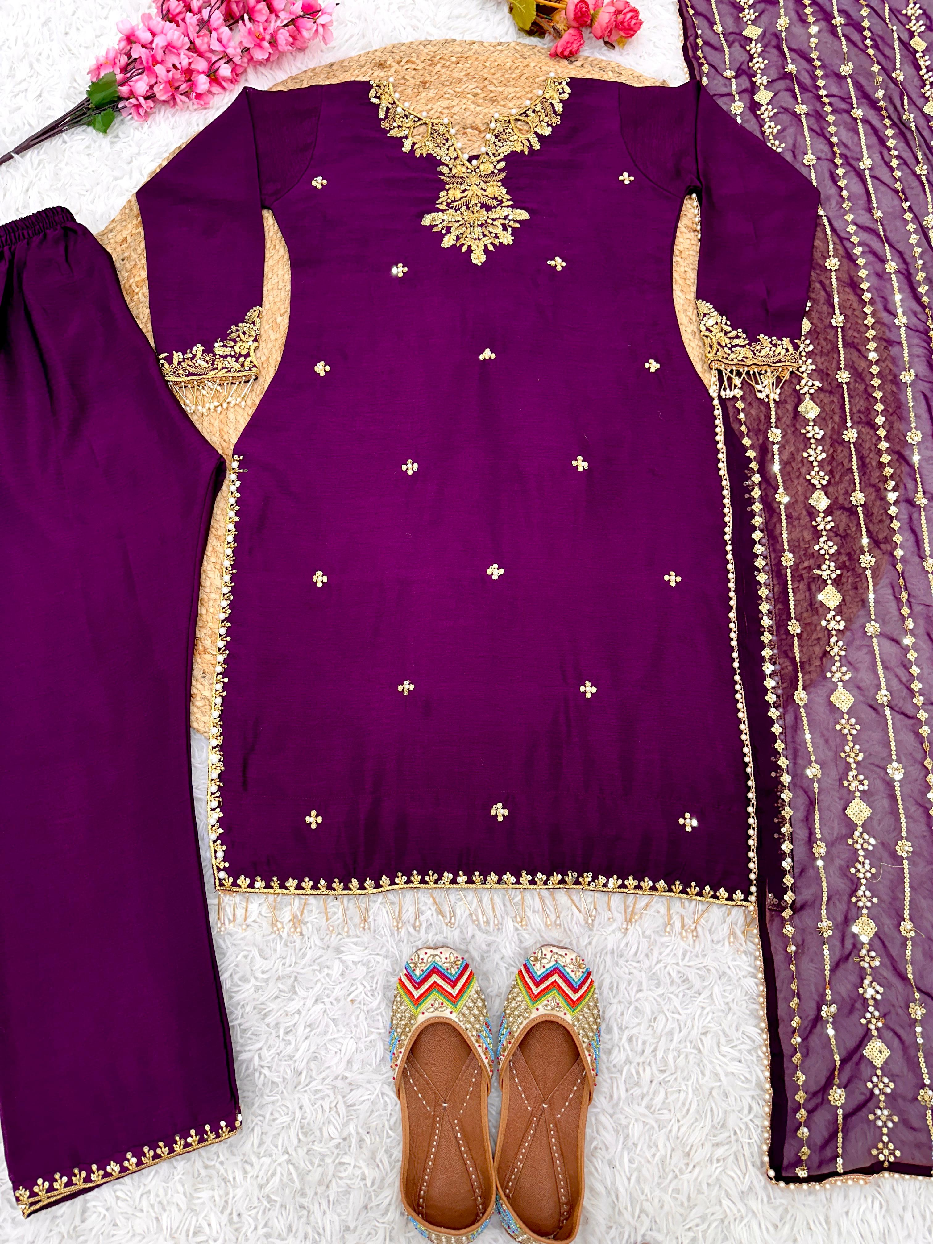 Classic Wine Color Pure Chinon Silk With Peals Work Designer Salwar Suit