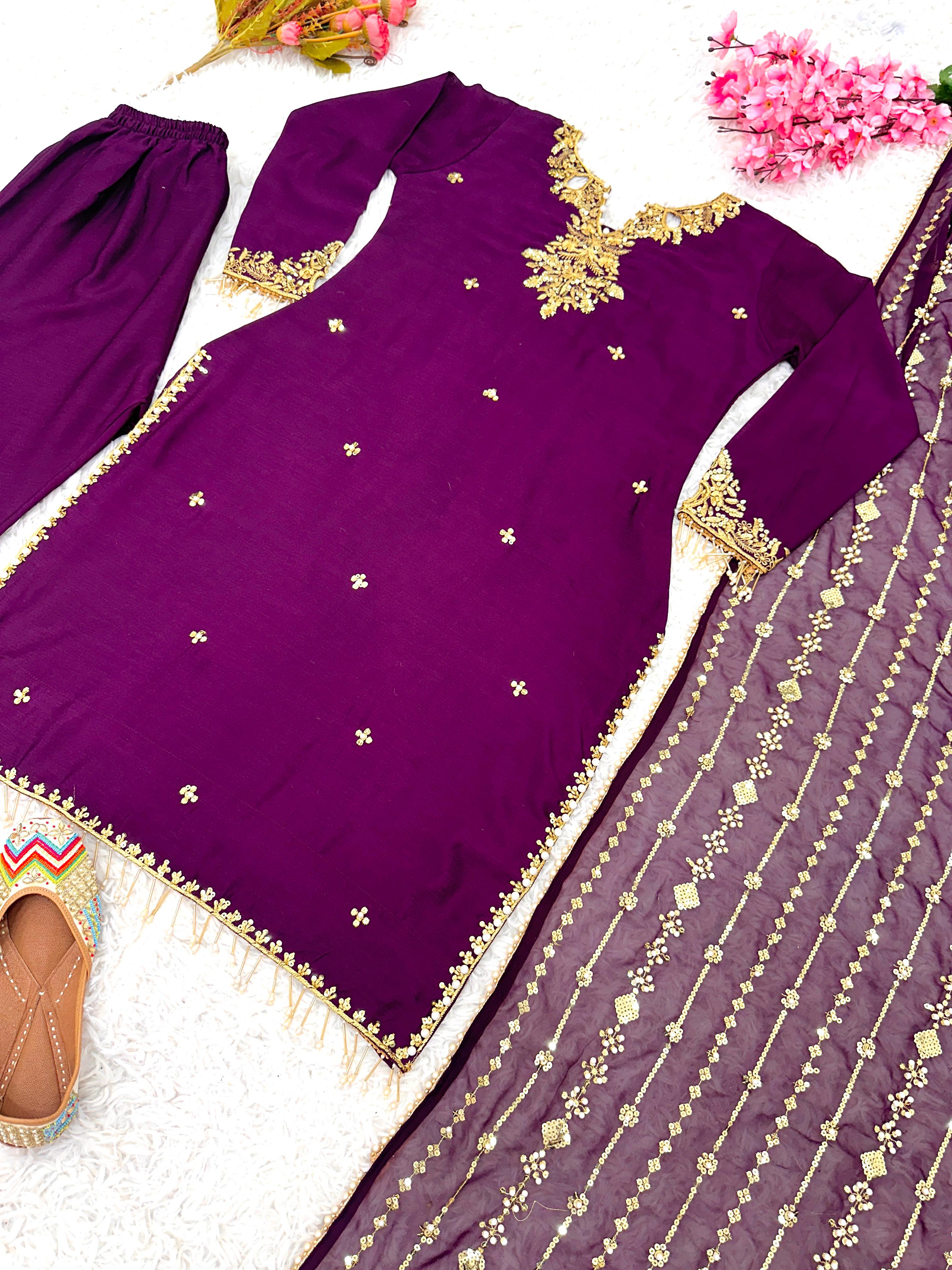 Classic Wine Color Pure Chinon Silk With Peals Work Designer Salwar Suit