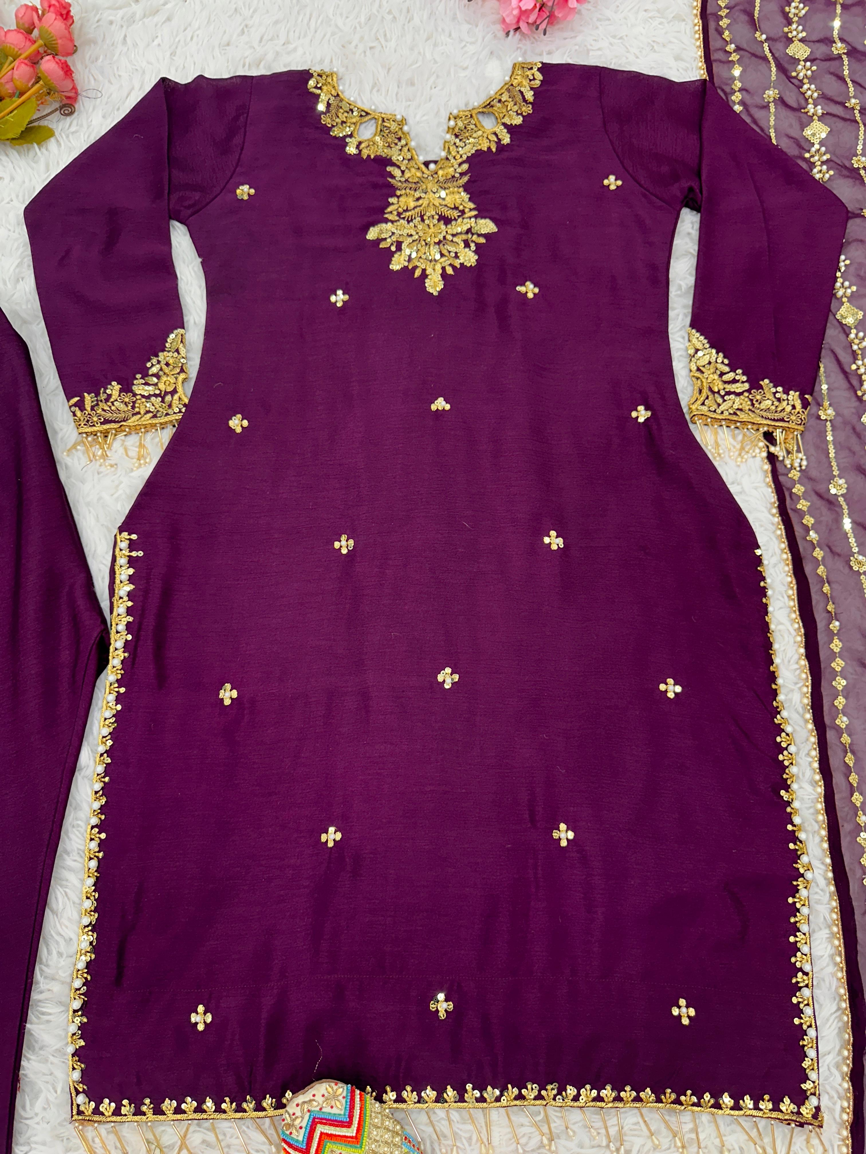 Classic Wine Color Pure Chinon Silk With Peals Work Designer Salwar Suit