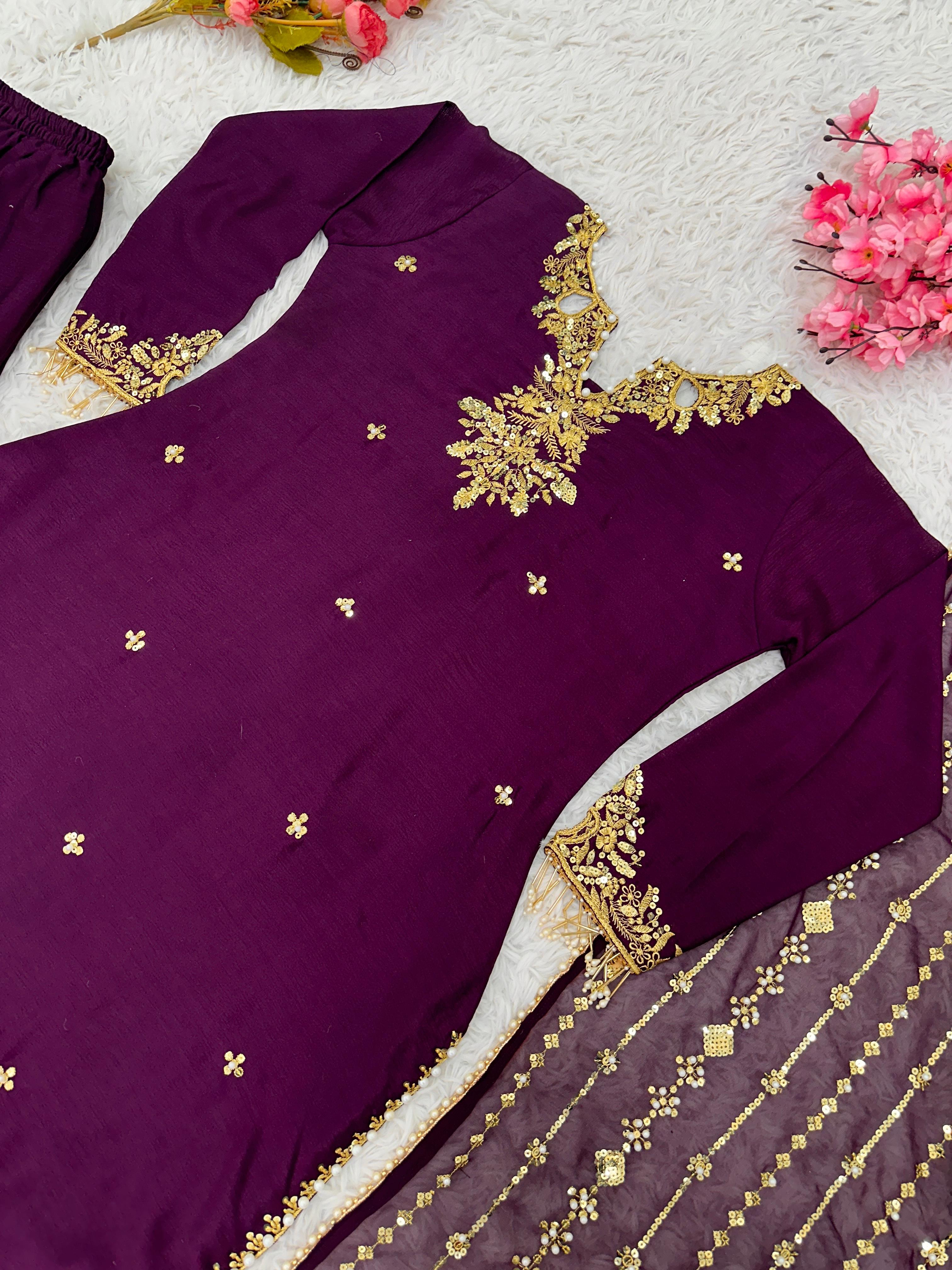 Classic Wine Color Pure Chinon Silk With Peals Work Designer Salwar Suit