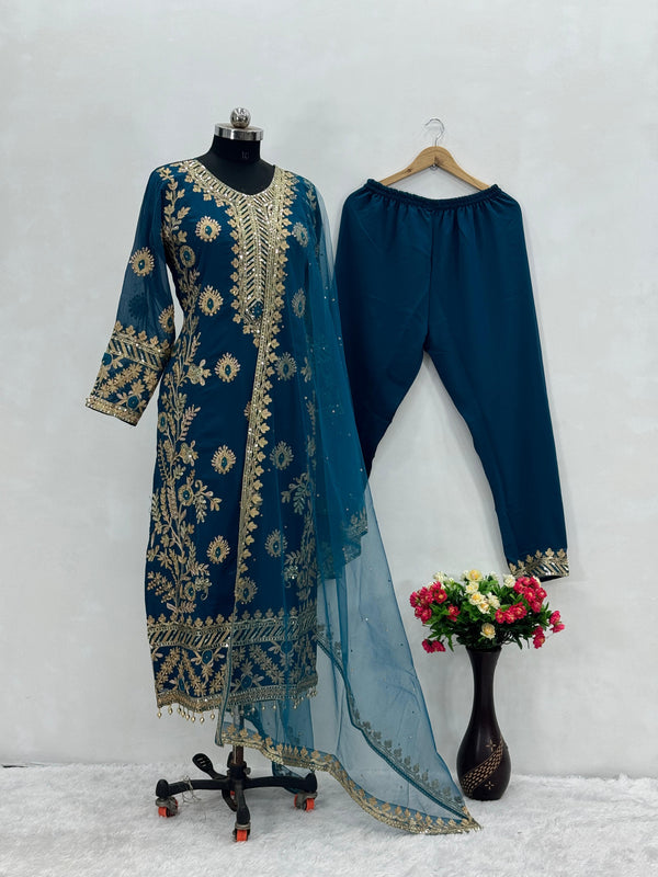 Latest Rama Color Heavy Faux Georgette And Chain Sequence Work Designer Pakistani Salwar Suit