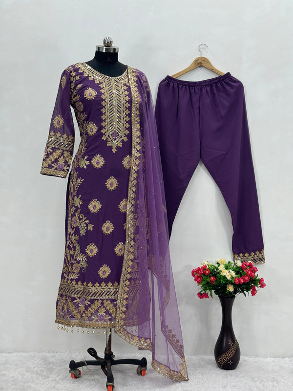 Purple Color Heavy Faux Georgette And Chain Sequence Work Designer Pakistani Salwar Suit