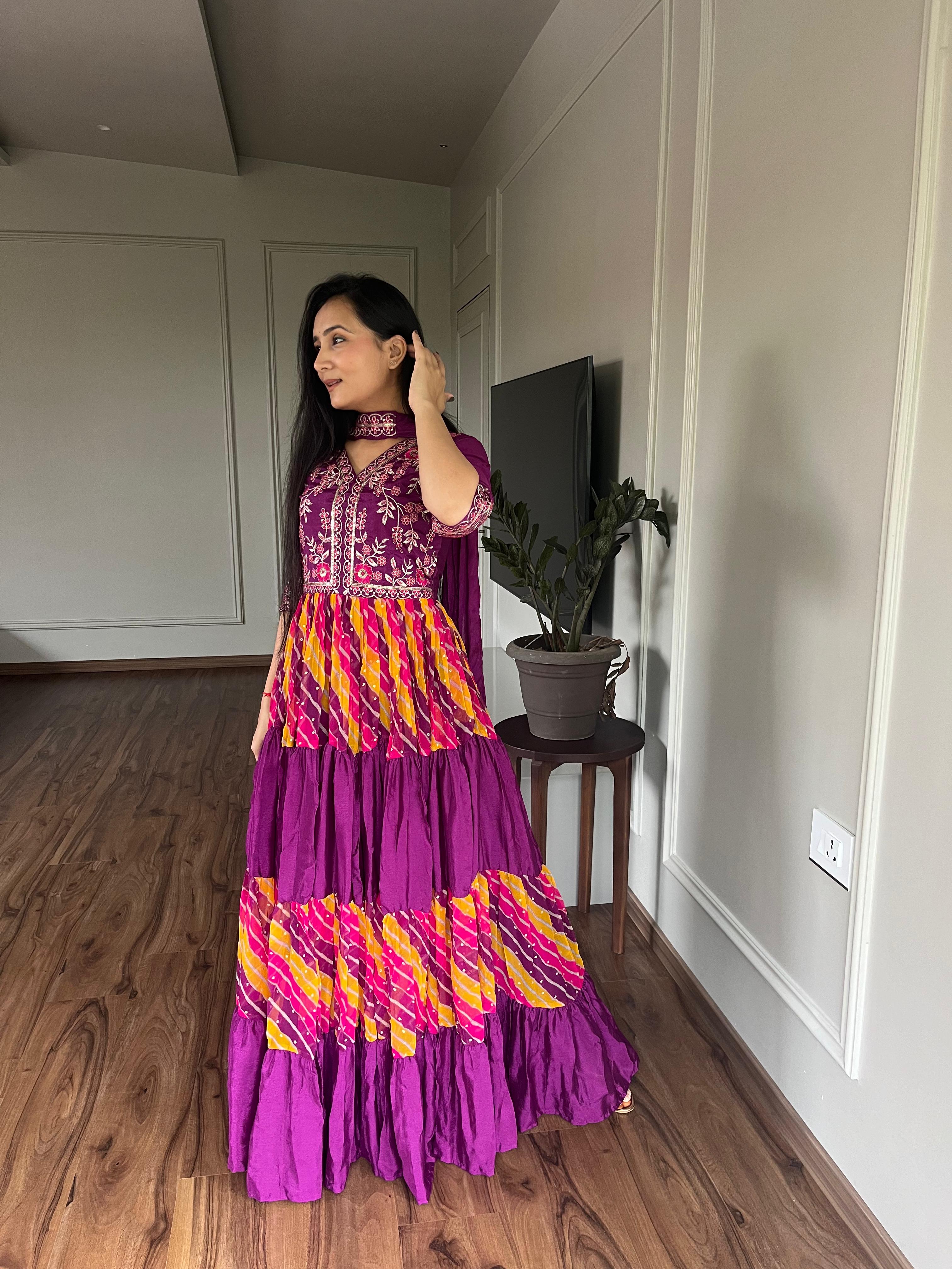 Purple Multi Color Pure Chinon And Leheriya Printed With Sequence Embroidery Work Designer Gown