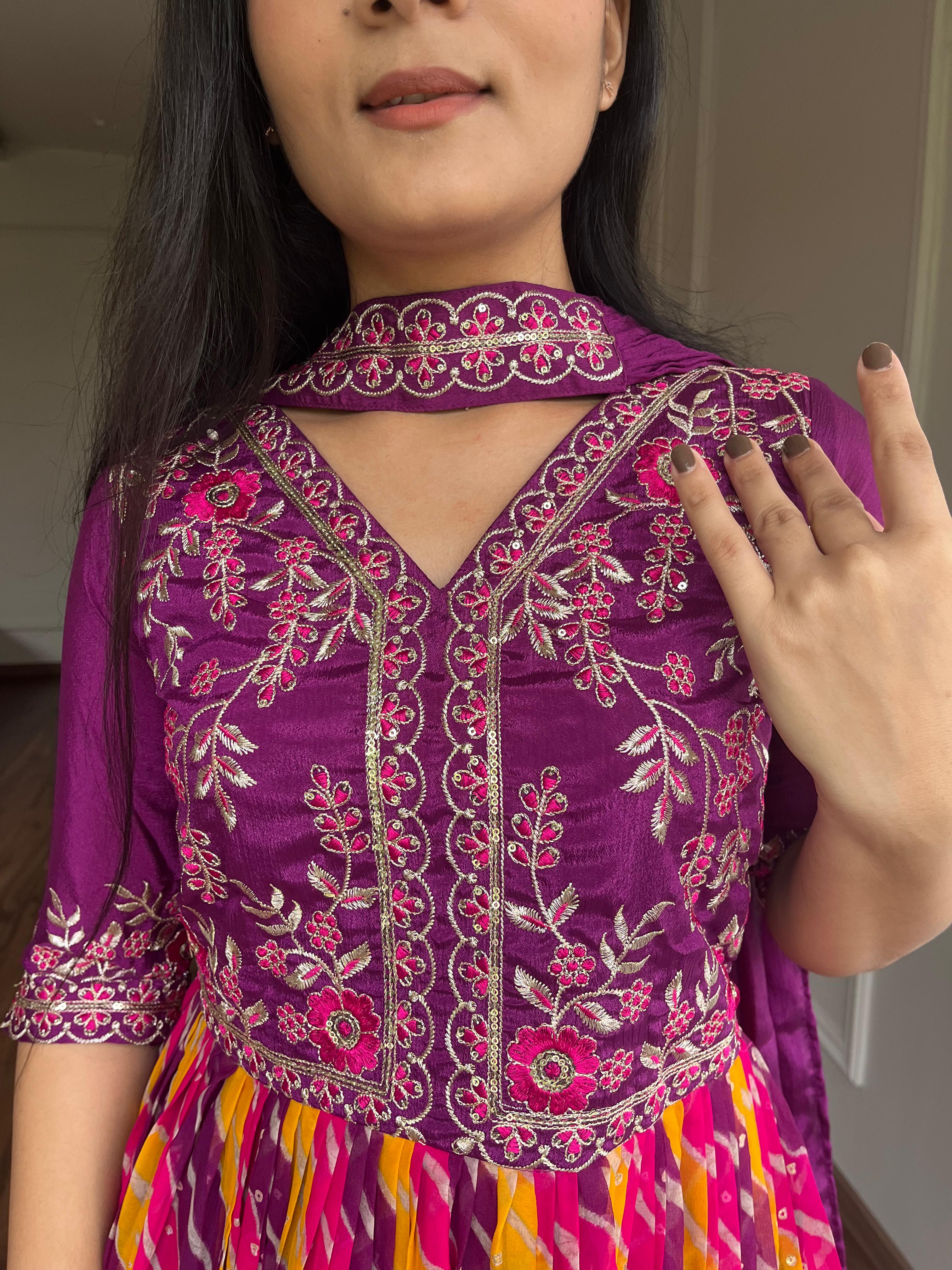 Purple Multi Color Pure Chinon And Leheriya Printed With Sequence Embroidery Work Designer Gown