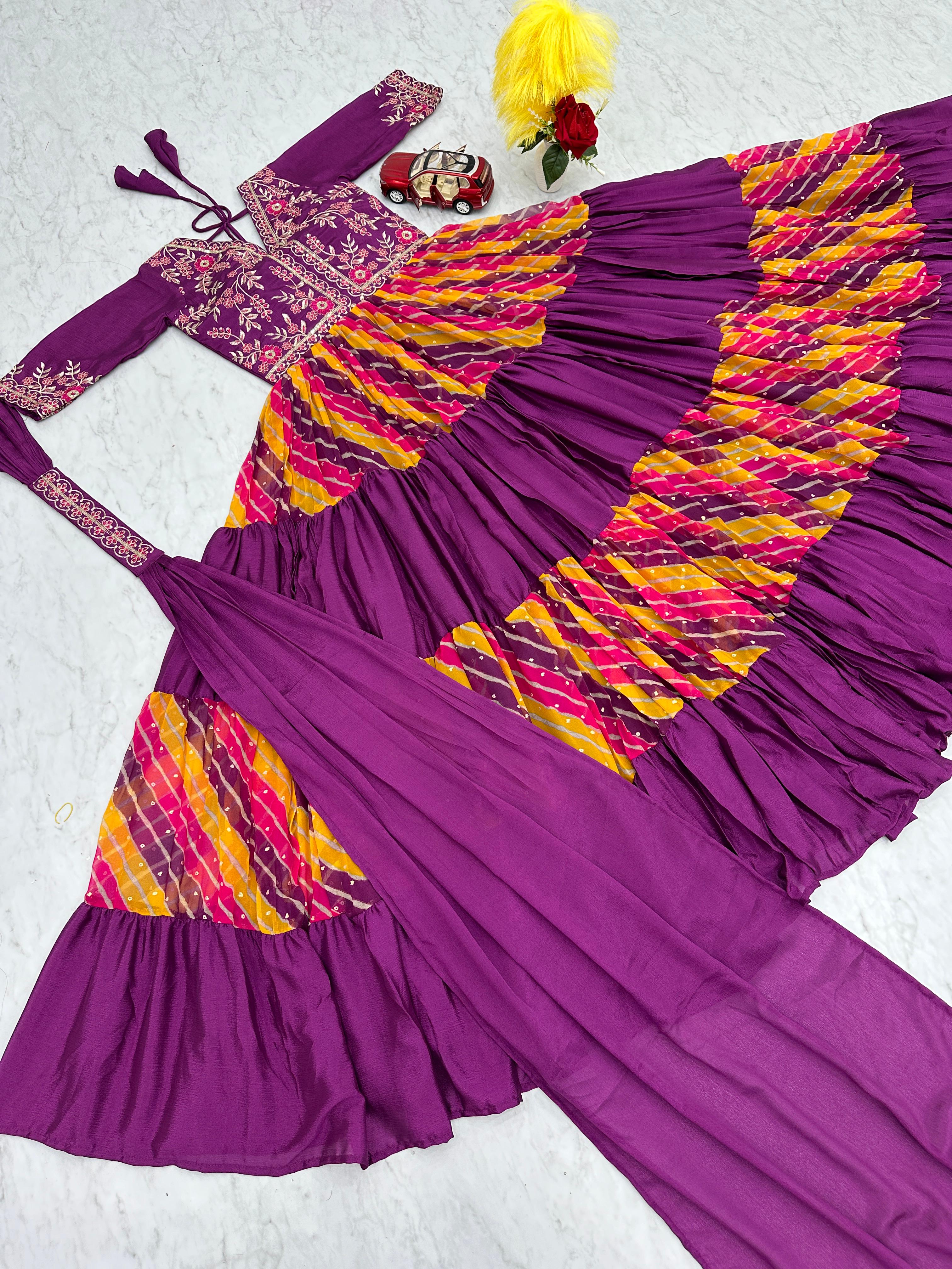 Purple Multi Color Pure Chinon And Leheriya Printed With Sequence Embroidery Work Designer Gown