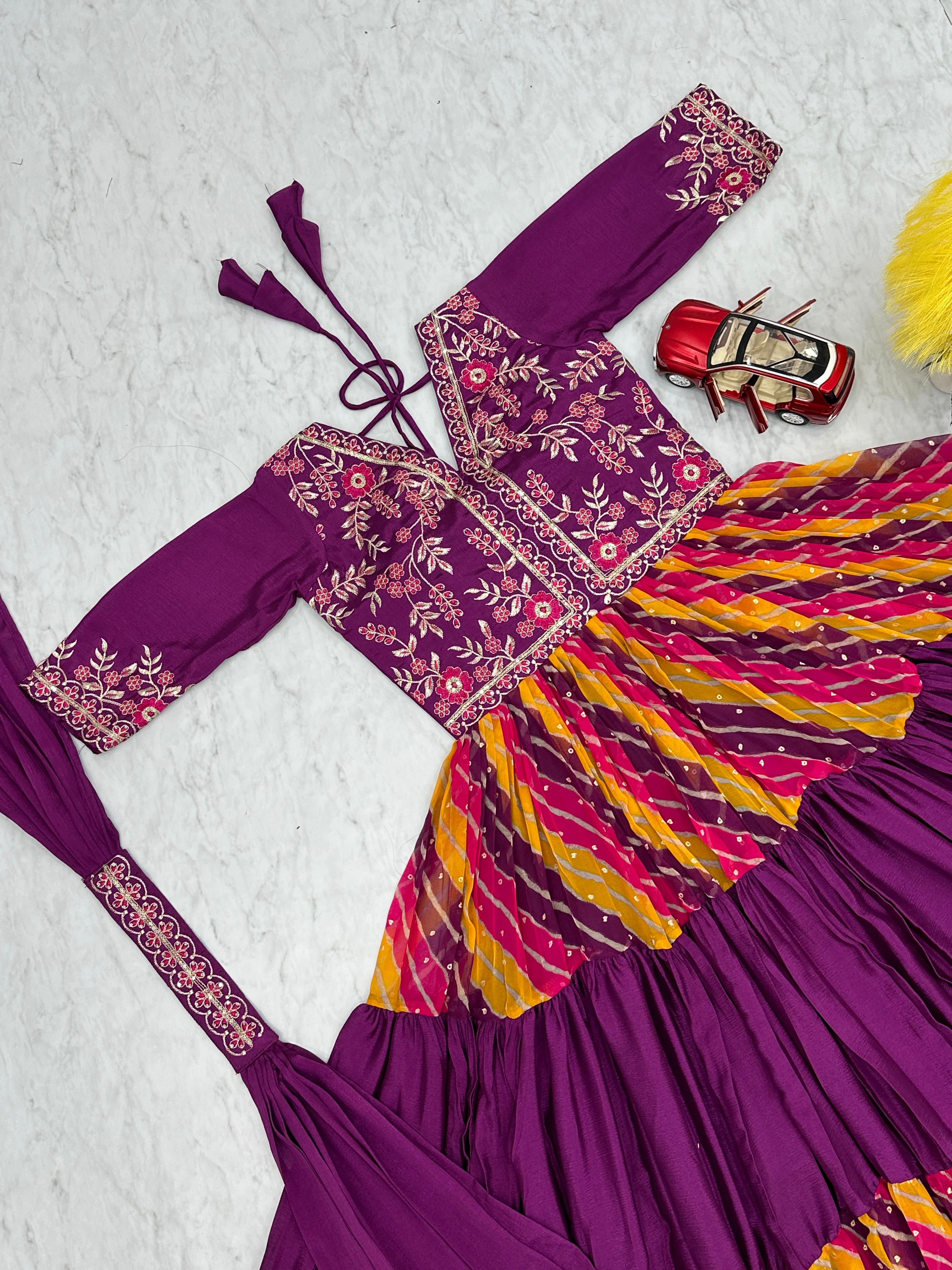 Purple Multi Color Pure Chinon And Leheriya Printed With Sequence Embroidery Work Designer Gown