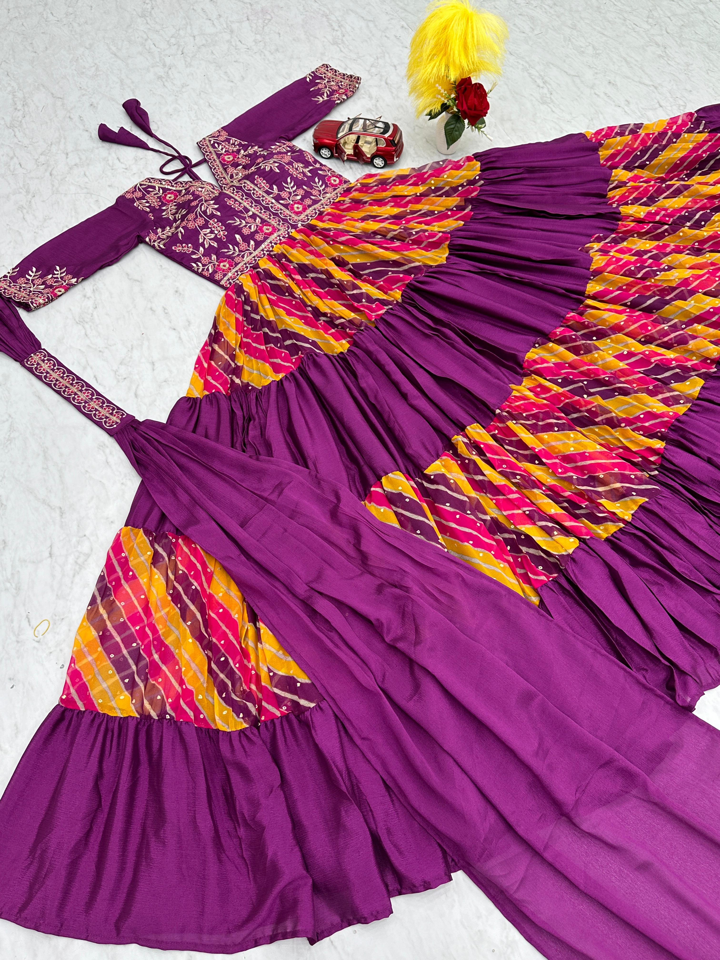 Purple Multi Color Pure Chinon And Leheriya Printed With Sequence Embroidery Work Designer Gown