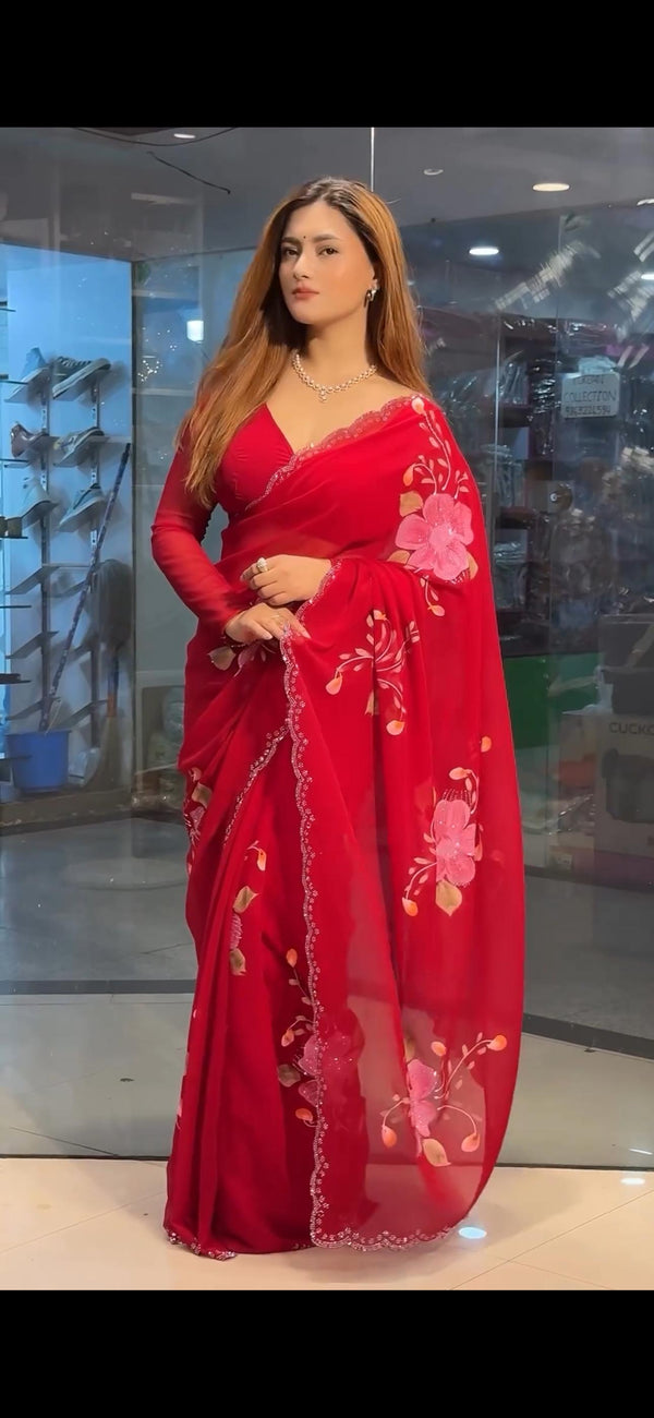 Premium Soft Georgette With Beautiful Print Siroski Diamond Work Red Color Saree