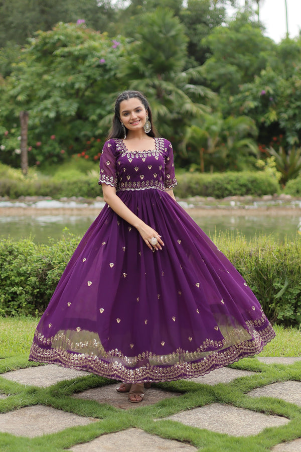 Classic Purple Color Faux Blooming With Embroidery Zari Sequins Work Designer Gown