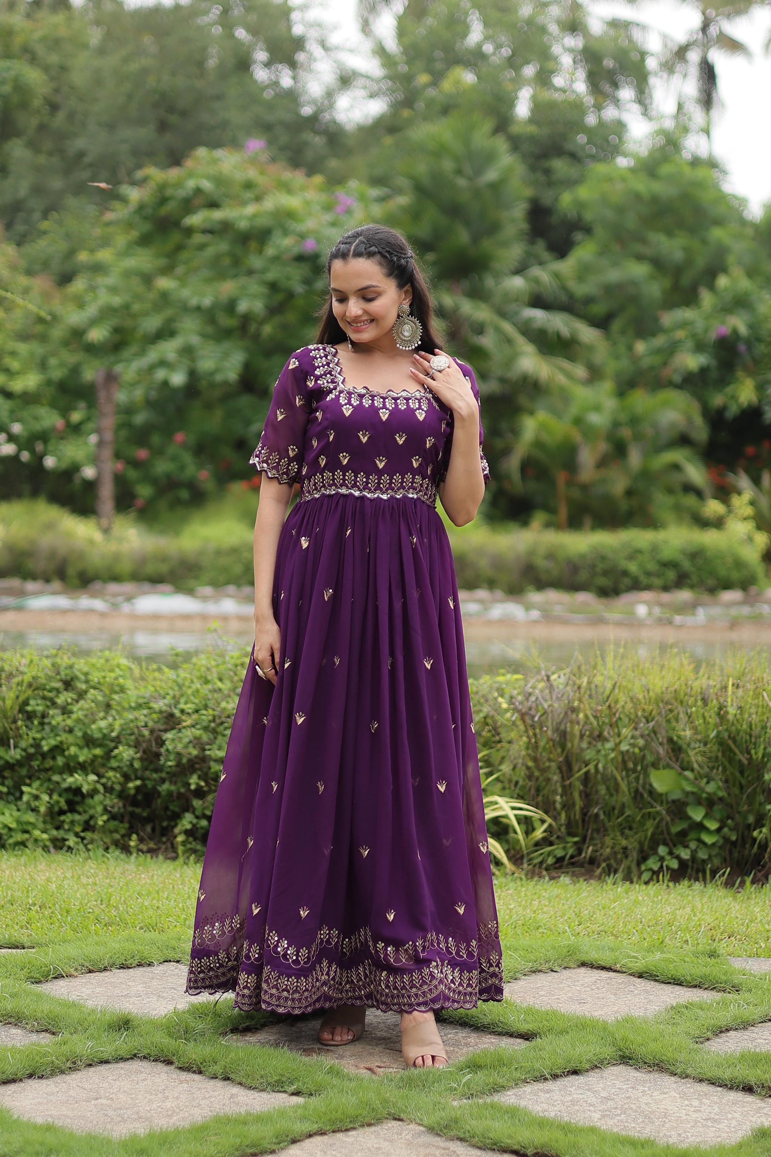 Classic Purple Color Faux Blooming With Embroidery Zari Sequins Work Designer Gown