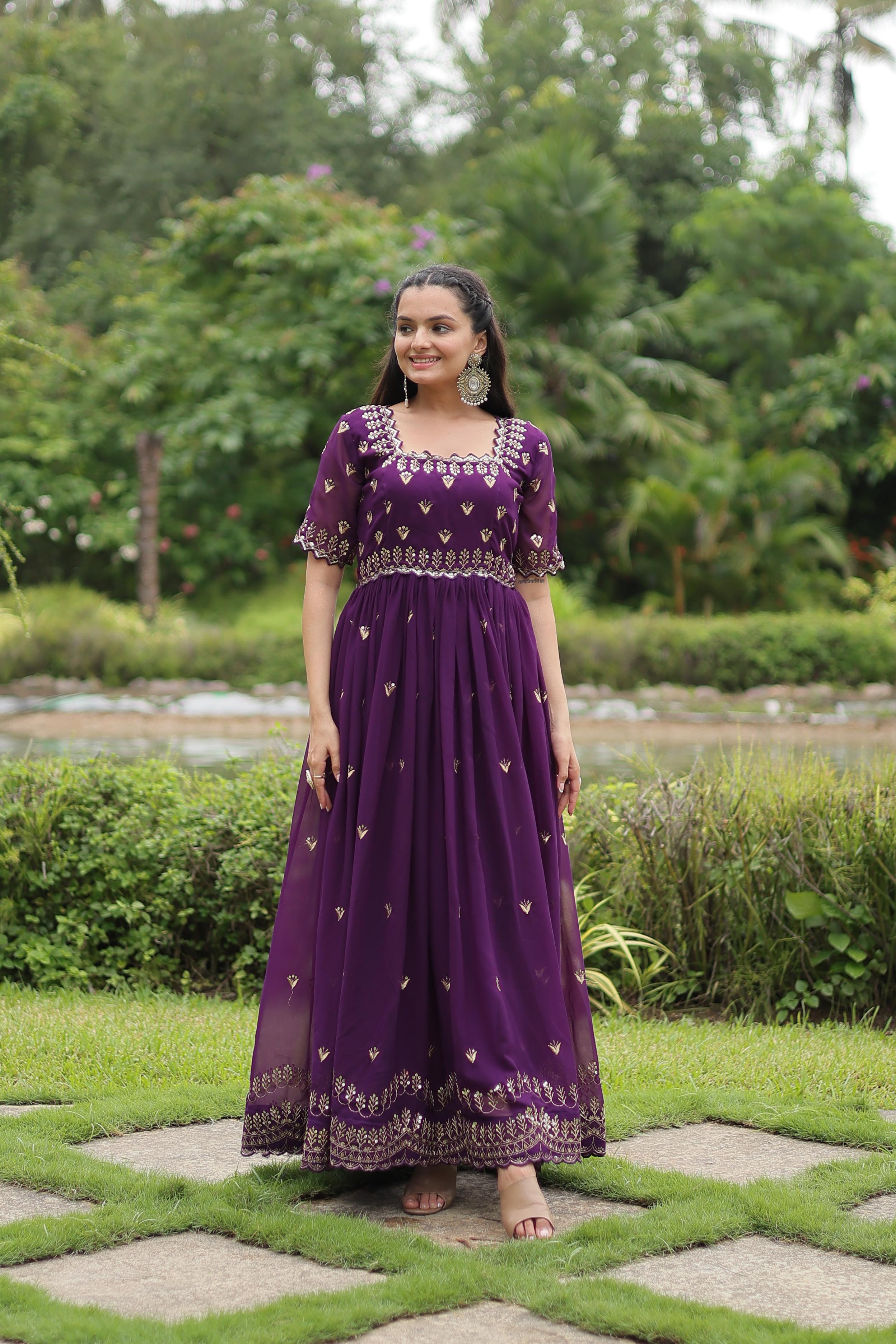 Classic Purple Color Faux Blooming With Embroidery Zari Sequins Work Designer Gown