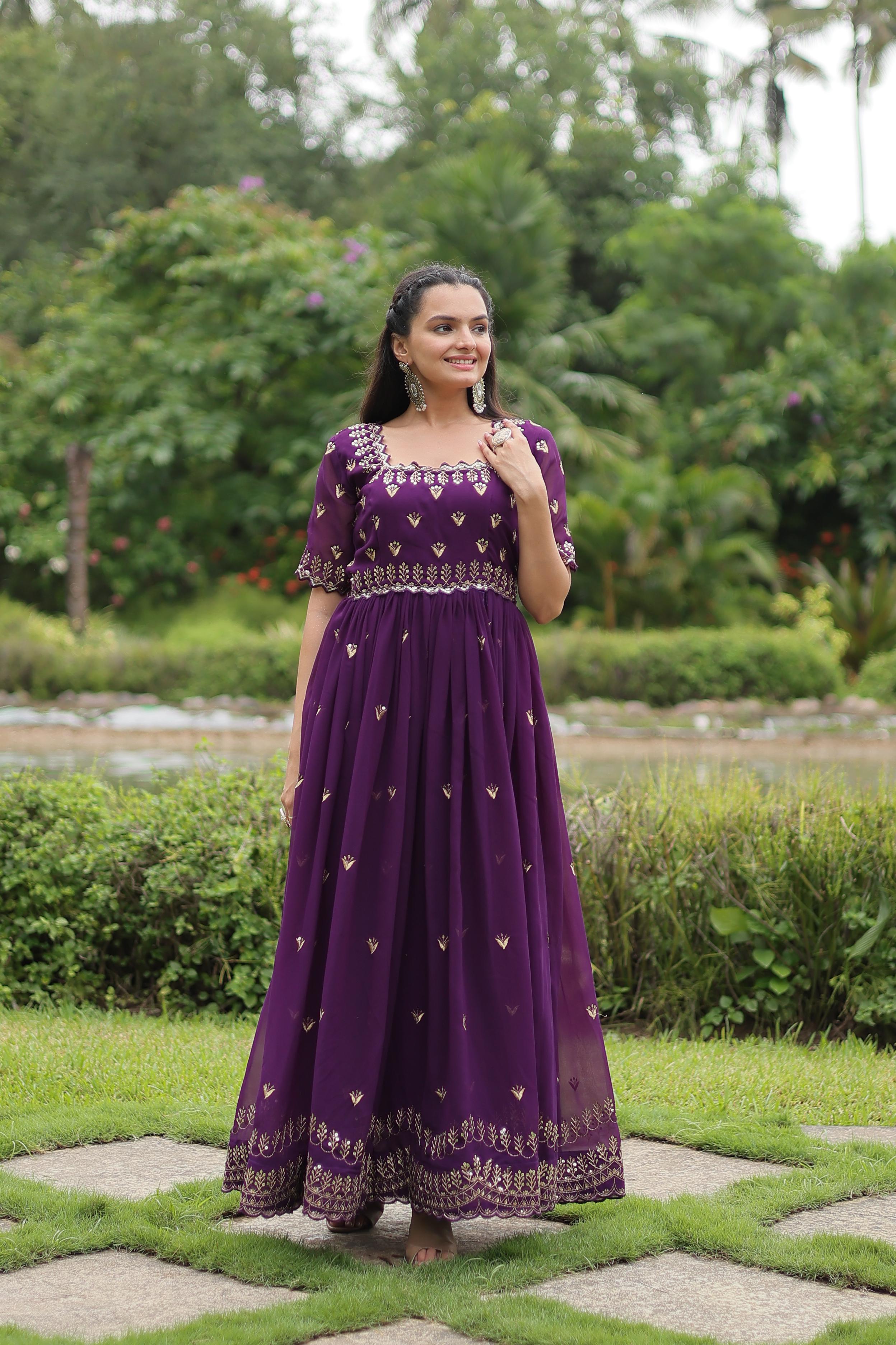 Classic Purple Color Faux Blooming With Embroidery Zari Sequins Work Designer Gown