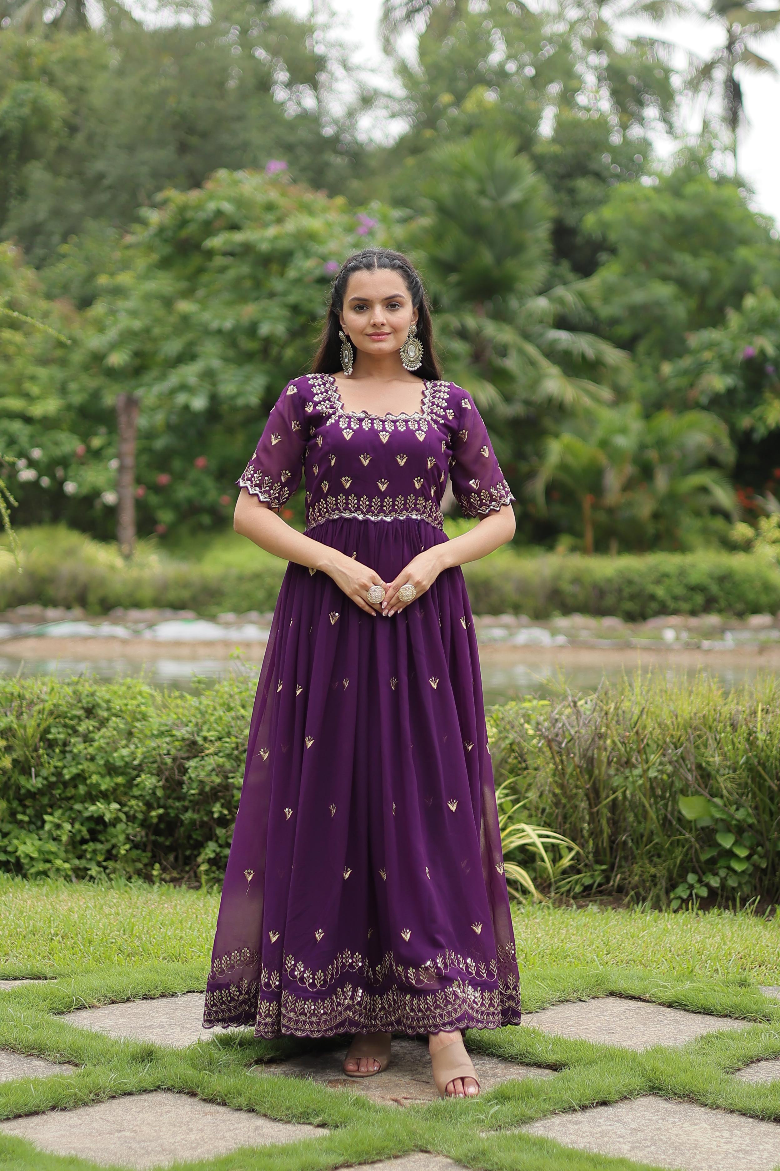 Classic Purple Color Faux Blooming With Embroidery Zari Sequins Work Designer Gown