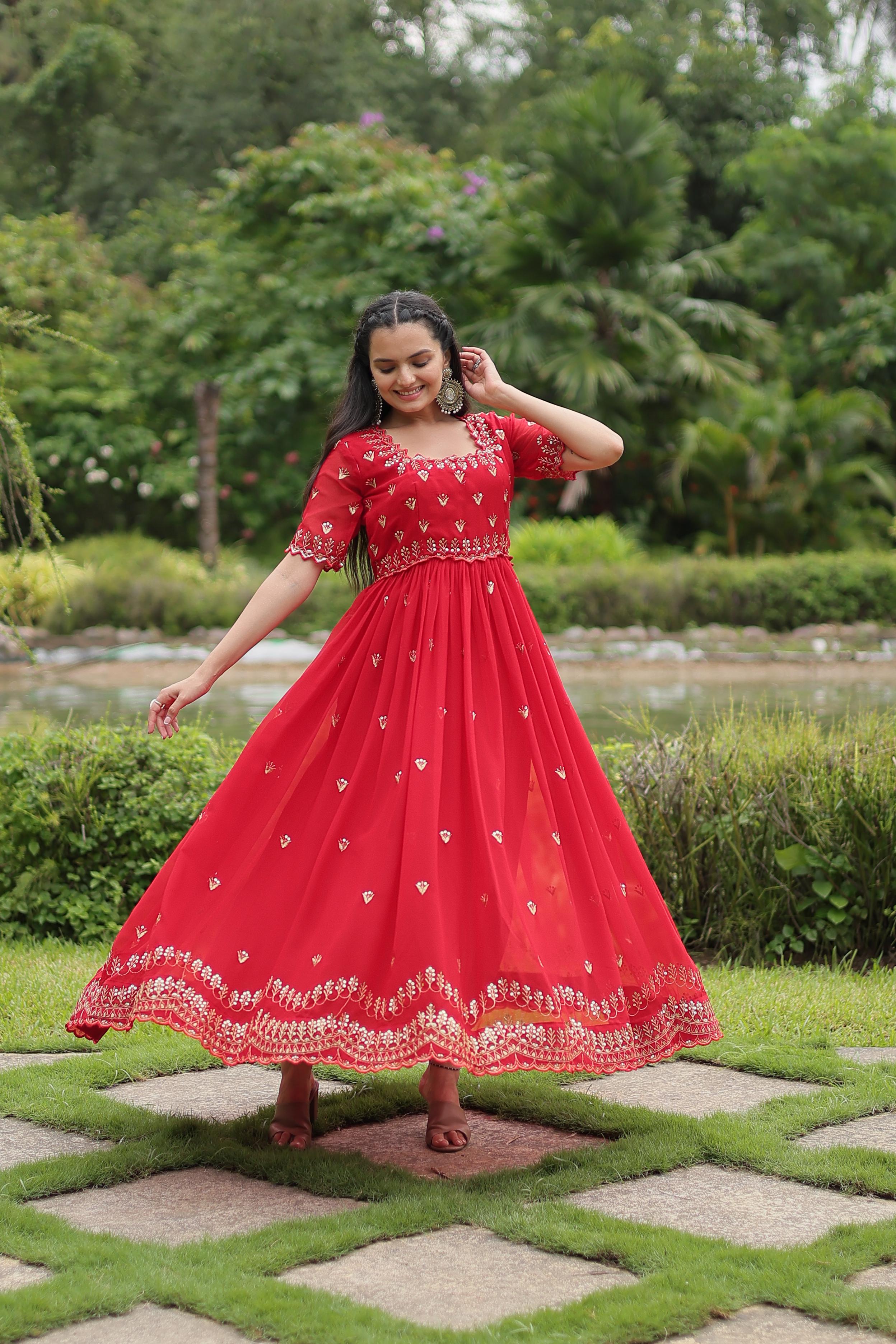 Fabulous Red Color Faux Blooming With Embroidery Zari Sequins Work Designer Gown