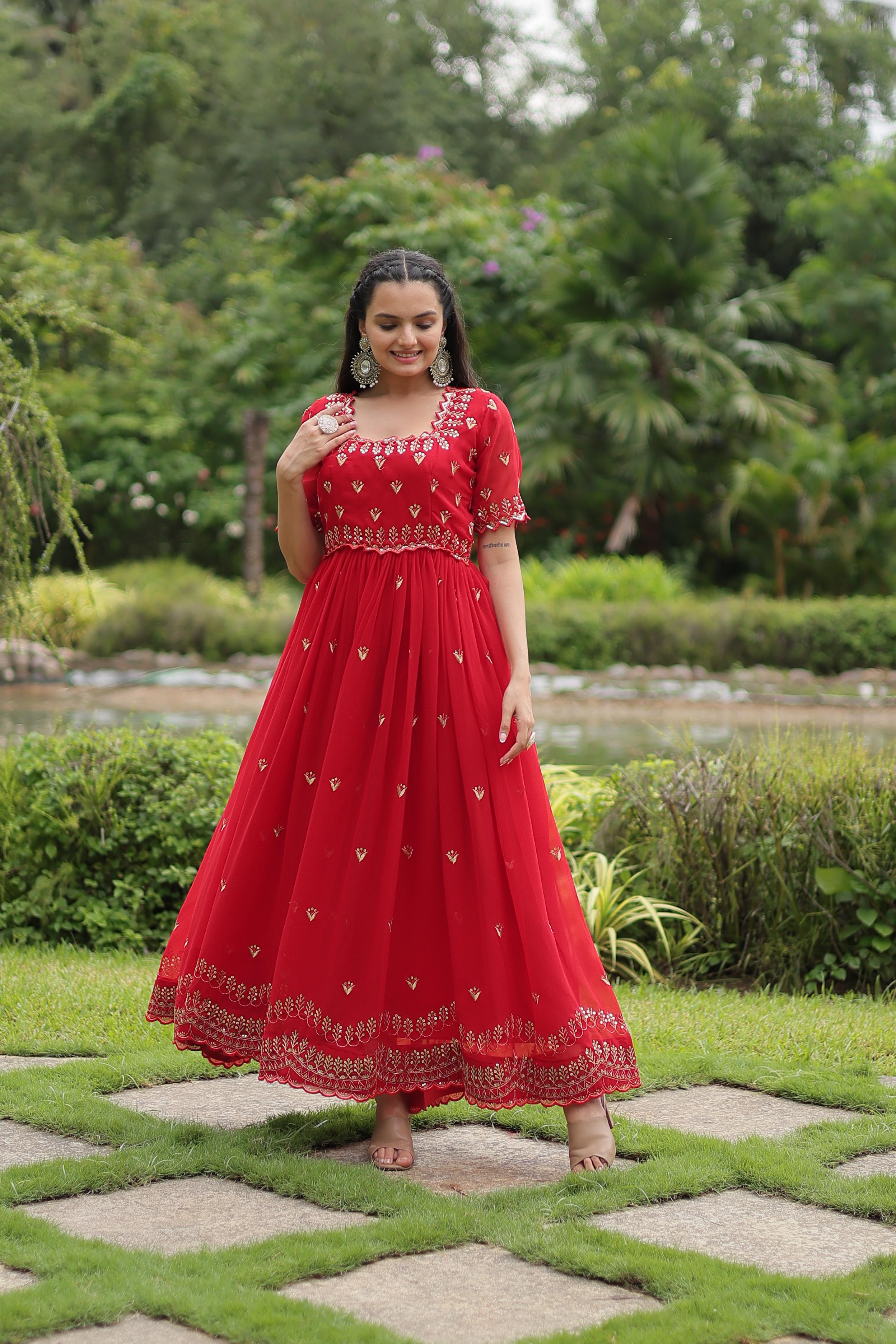 Fabulous Red Color Faux Blooming With Embroidery Zari Sequins Work Designer Gown