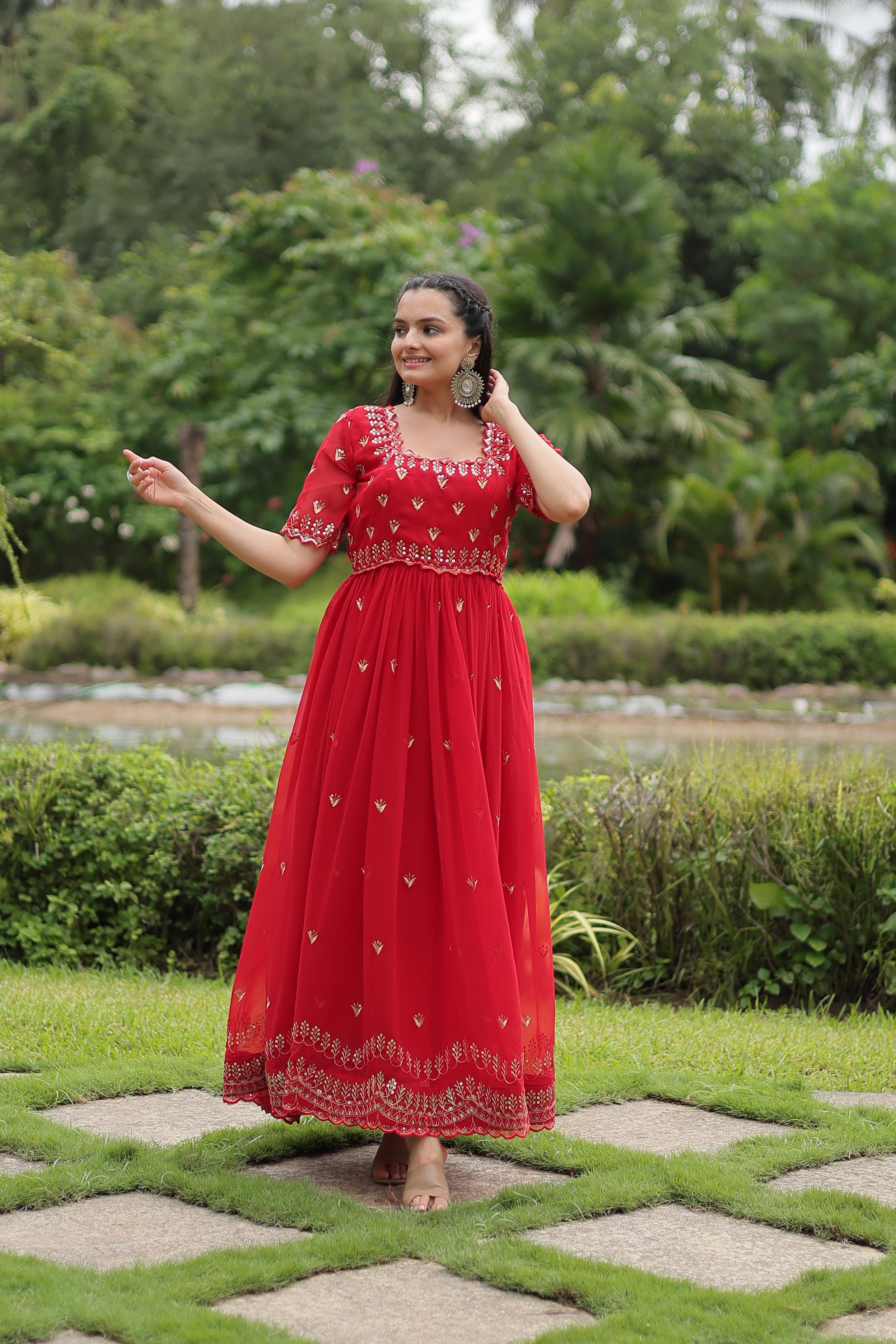 Fabulous Red Color Faux Blooming With Embroidery Zari Sequins Work Designer Gown