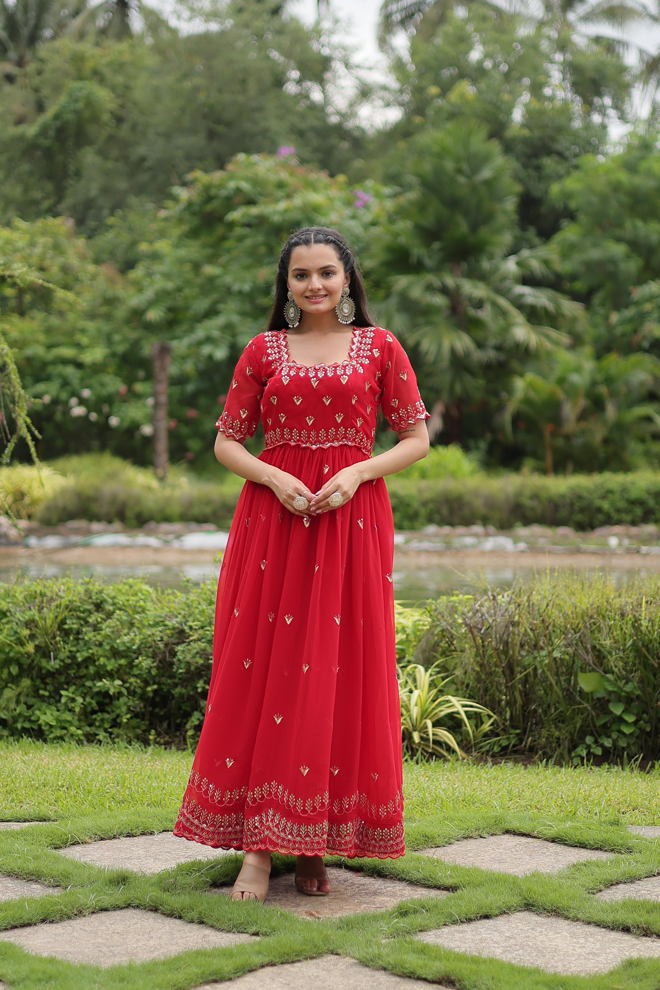 Fabulous Red Color Faux Blooming With Embroidery Zari Sequins Work Designer Gown