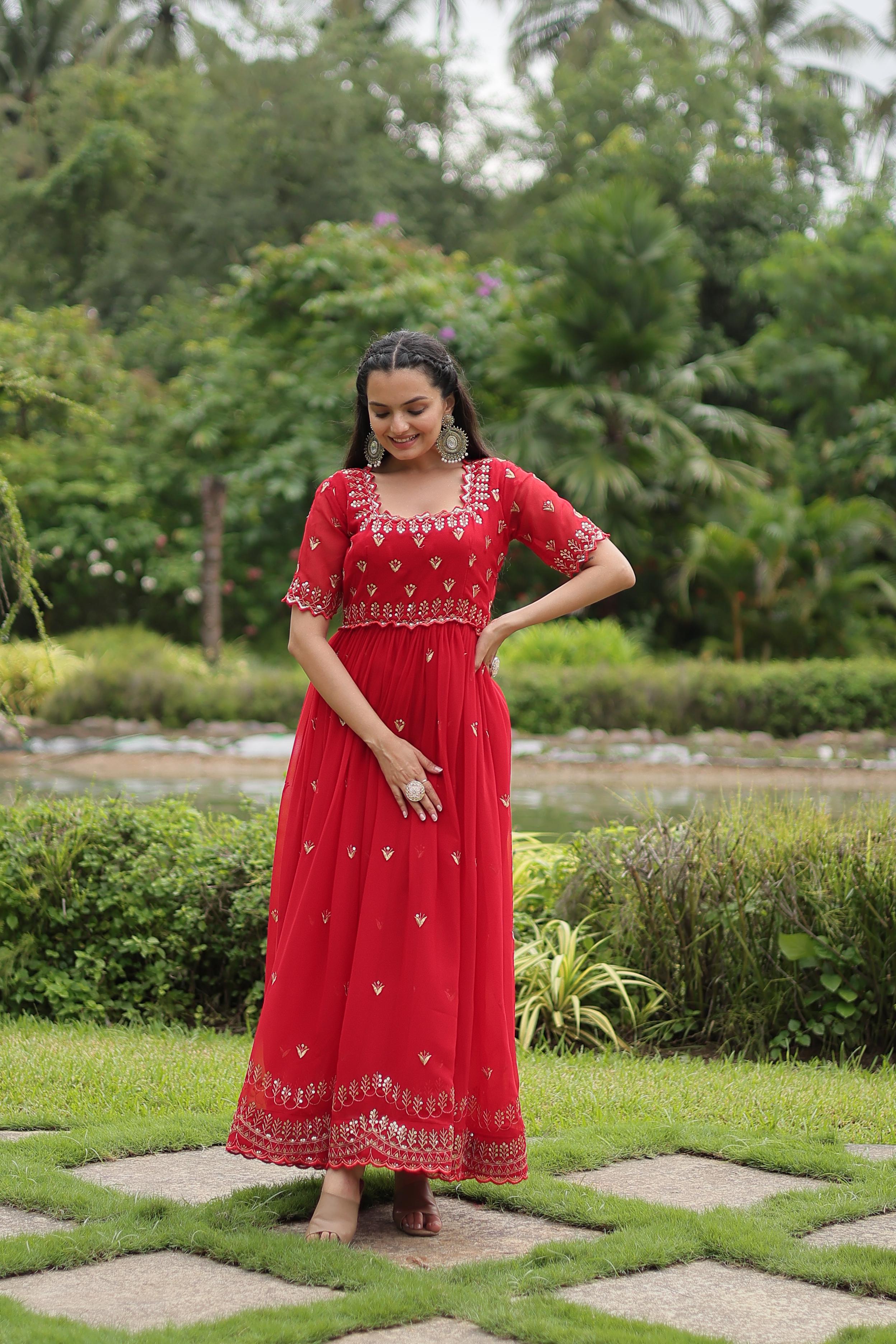 Fabulous Red Color Faux Blooming With Embroidery Zari Sequins Work Designer Gown