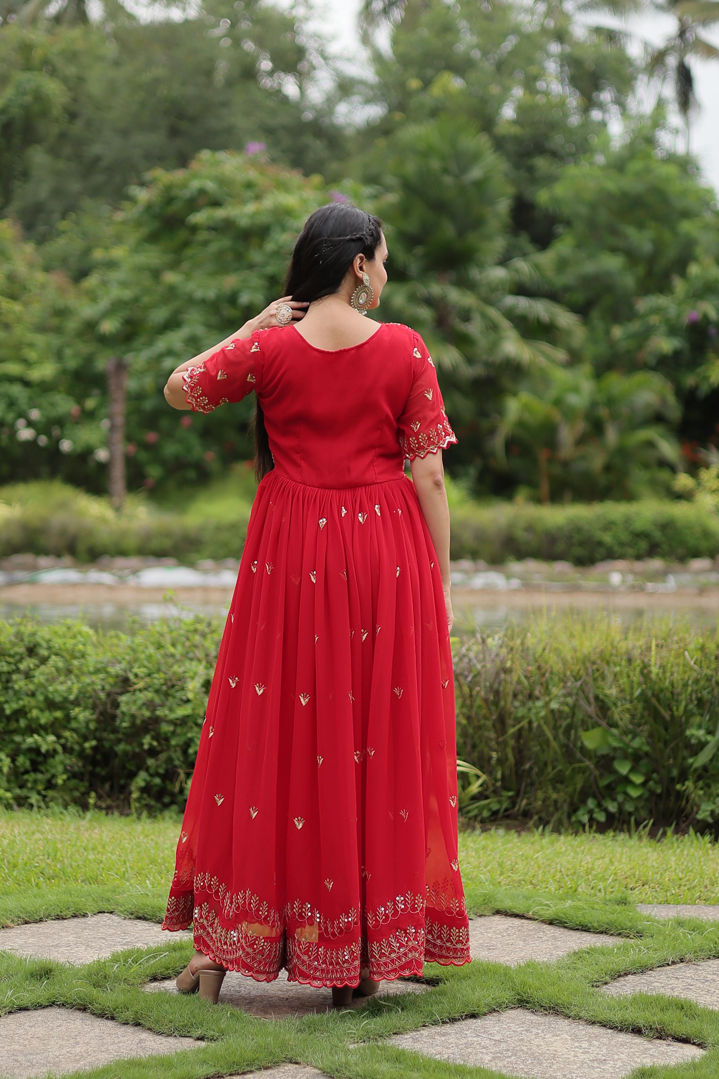 Fabulous Red Color Faux Blooming With Embroidery Zari Sequins Work Designer Gown