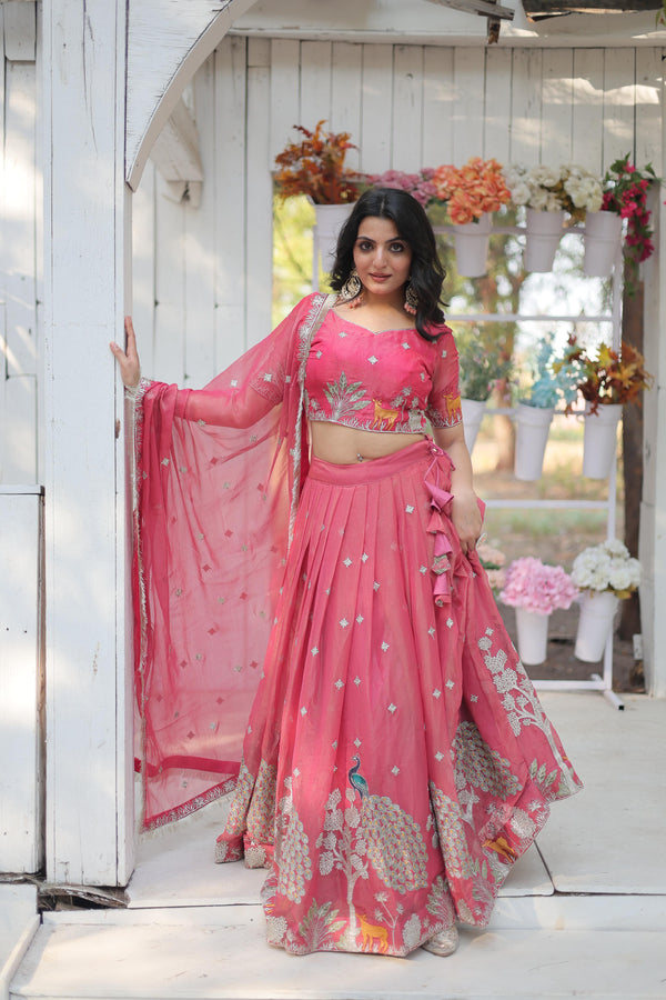 Elegant Pink Color Heavy Sequins And Thread Embroidered Work Designer Lehenga Choli