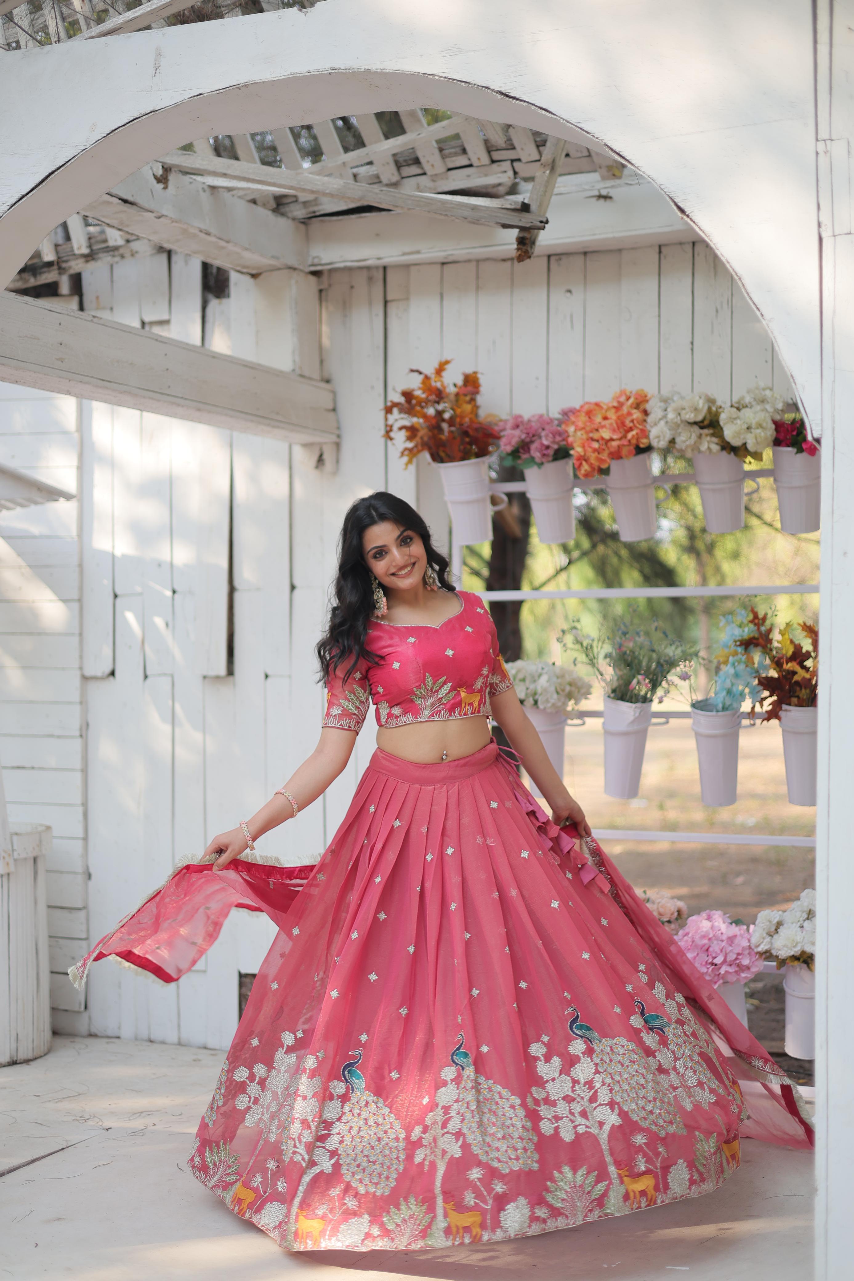 Elegant Pink Color Heavy Sequins And Thread Embroidered Work Designer Lehenga Choli