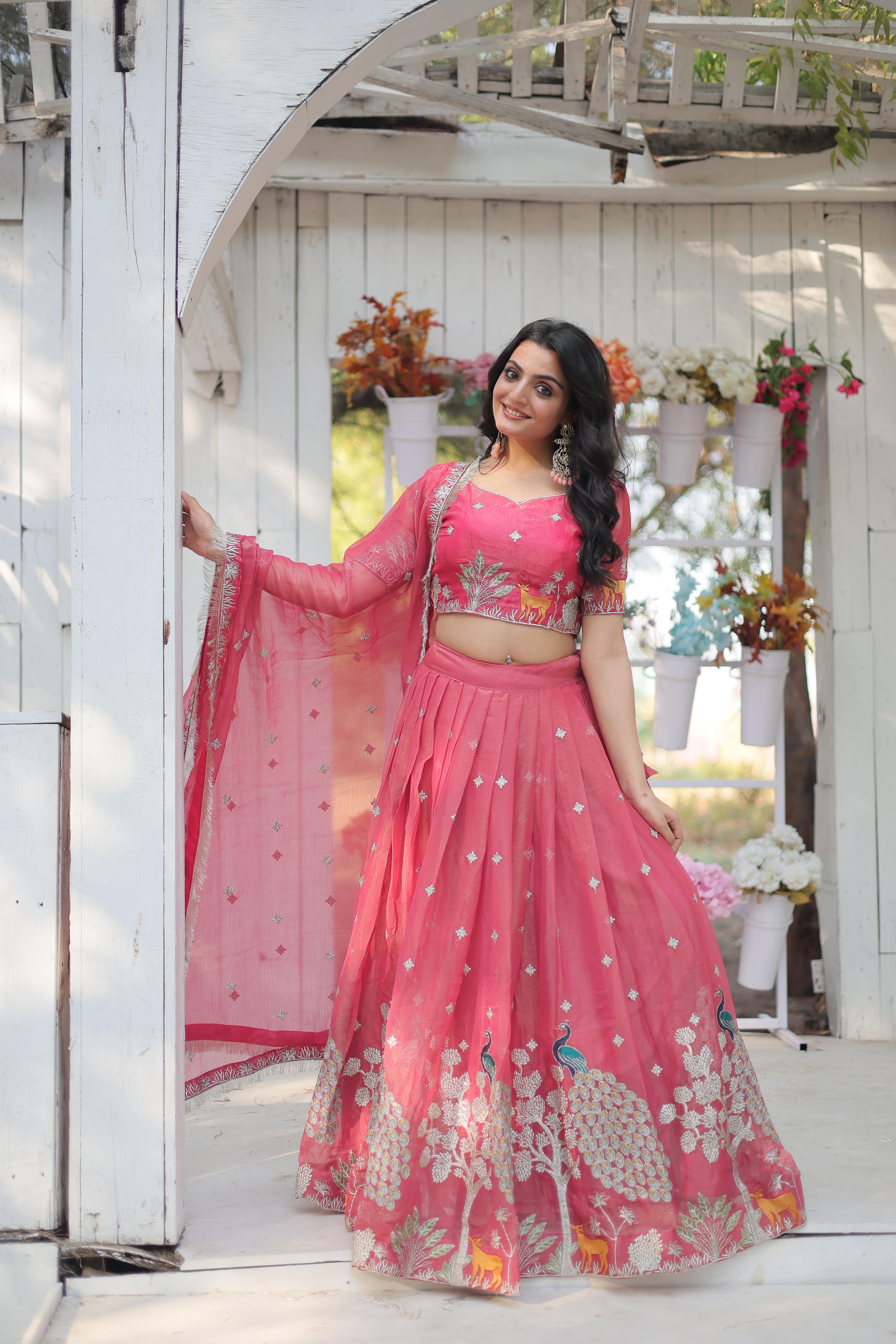 Elegant Pink Color Heavy Sequins And Thread Embroidered Work Designer Lehenga Choli