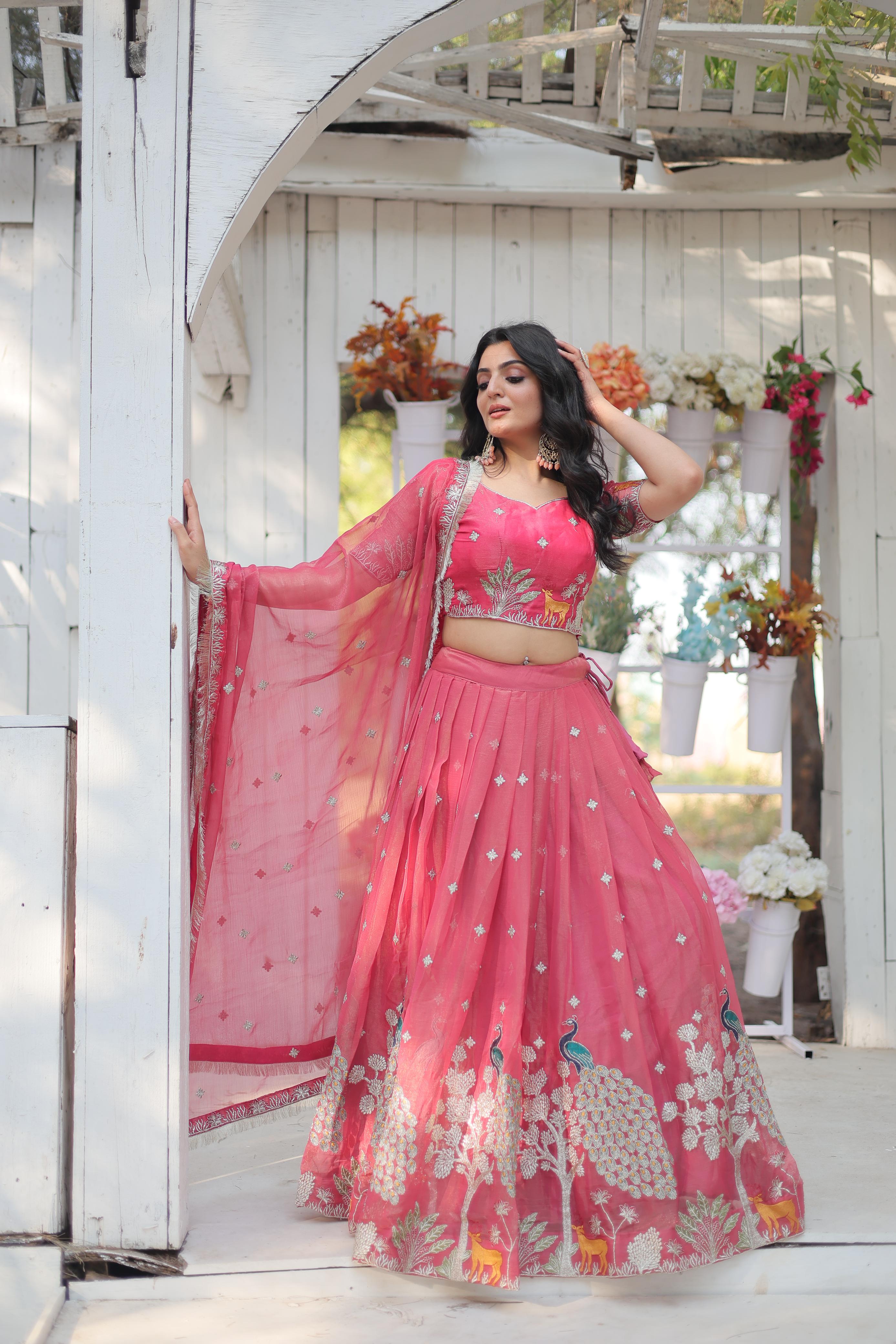 Elegant Pink Color Heavy Sequins And Thread Embroidered Work Designer Lehenga Choli