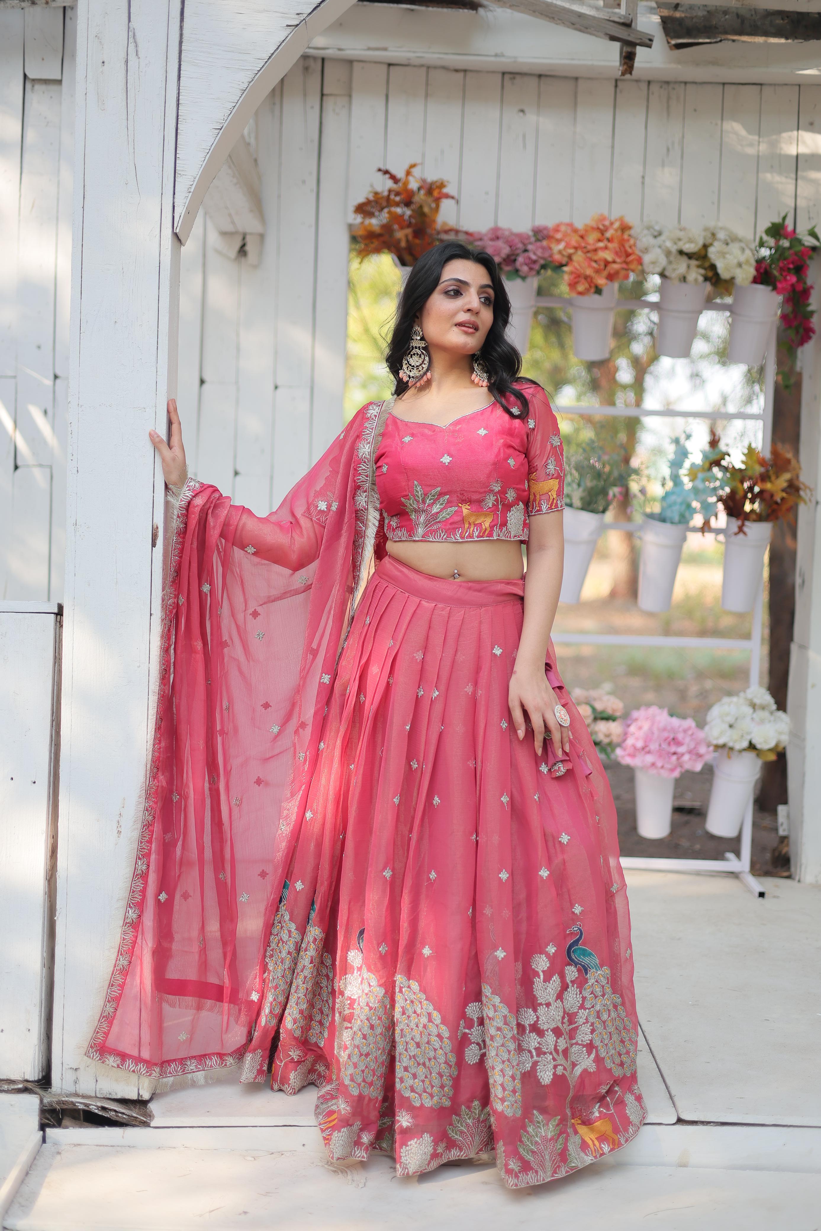 Elegant Pink Color Heavy Sequins And Thread Embroidered Work Designer Lehenga Choli