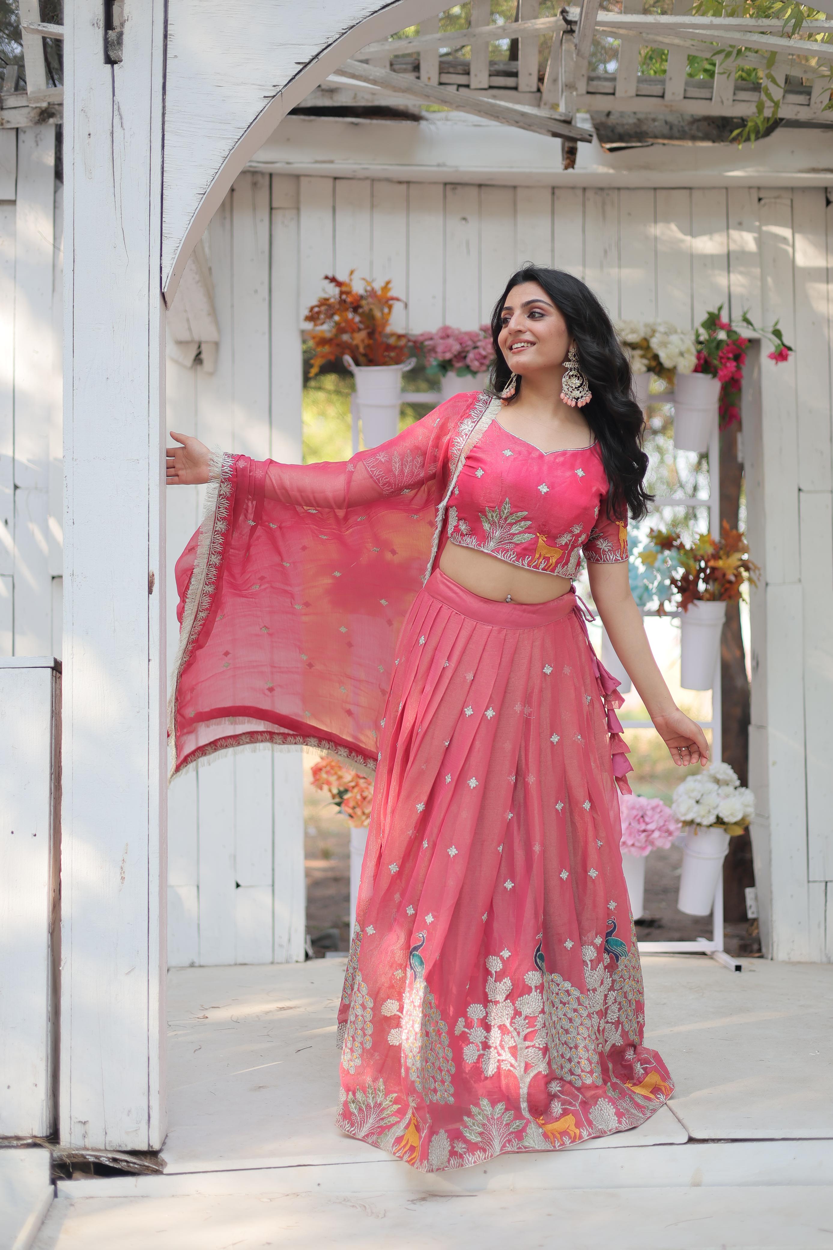 Elegant Pink Color Heavy Sequins And Thread Embroidered Work Designer Lehenga Choli