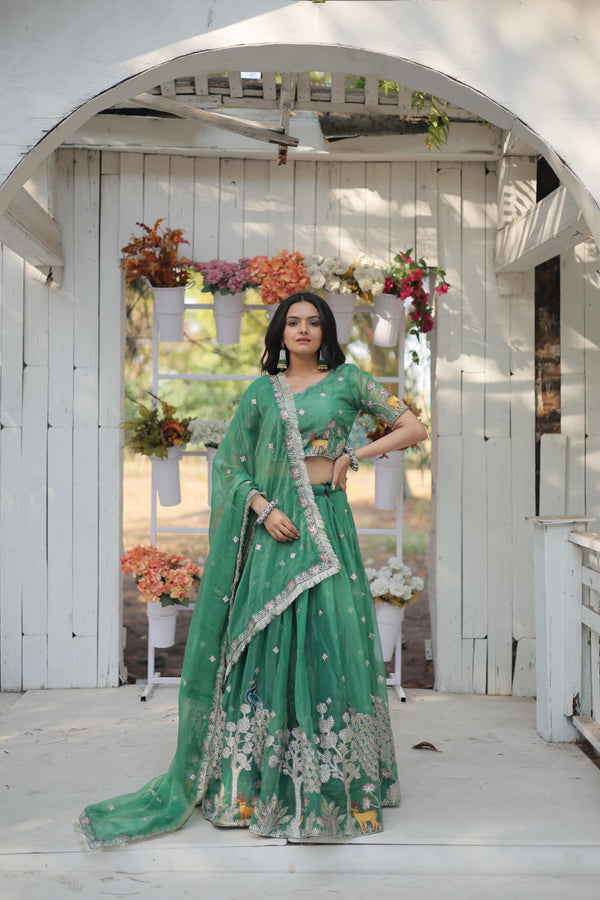 Elegant Light Green Color Heavy Sequins And Thread Embroidered Work Designer Lehenga Choli