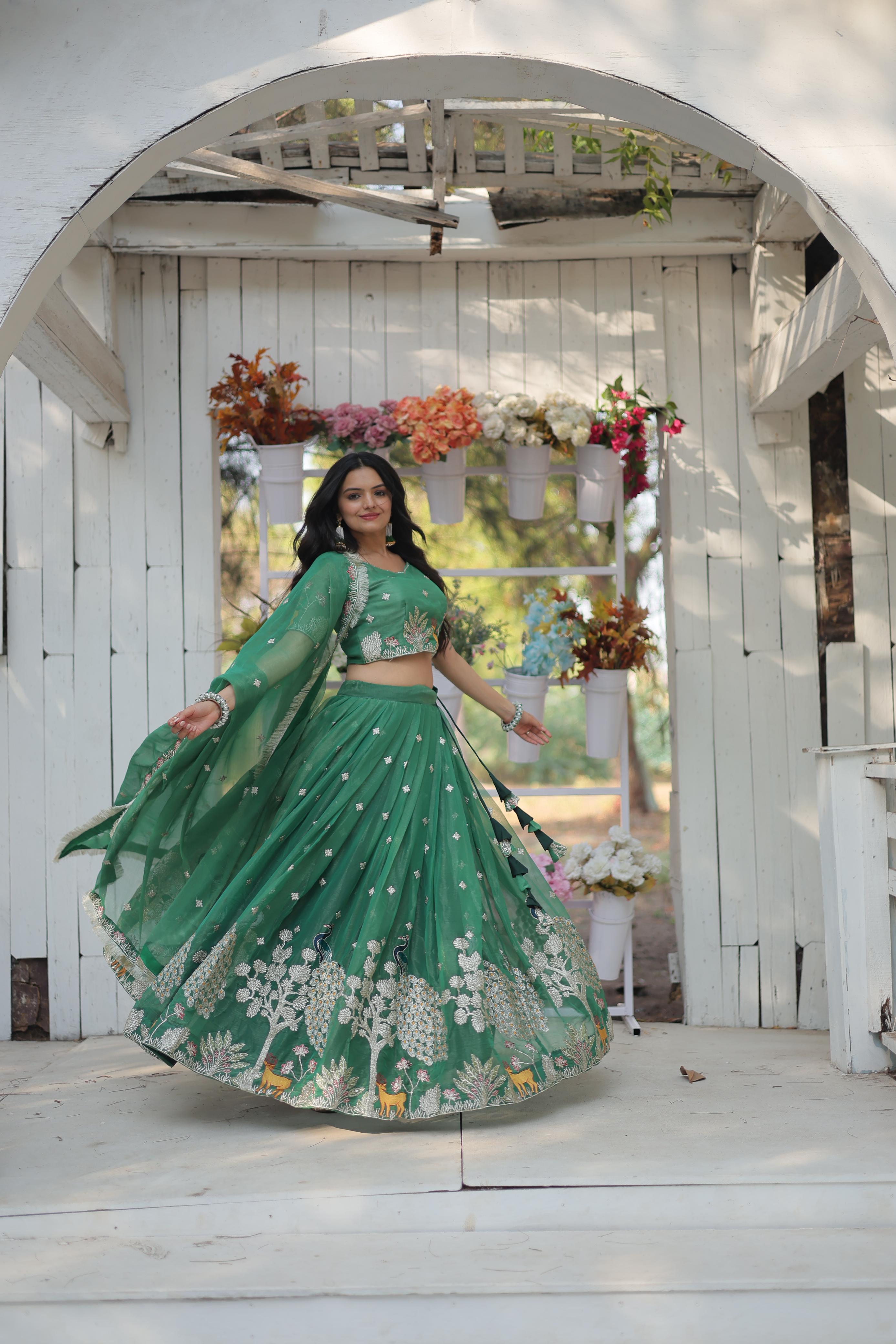 Elegant Light Green Color Heavy Sequins And Thread Embroidered Work Designer Lehenga Choli