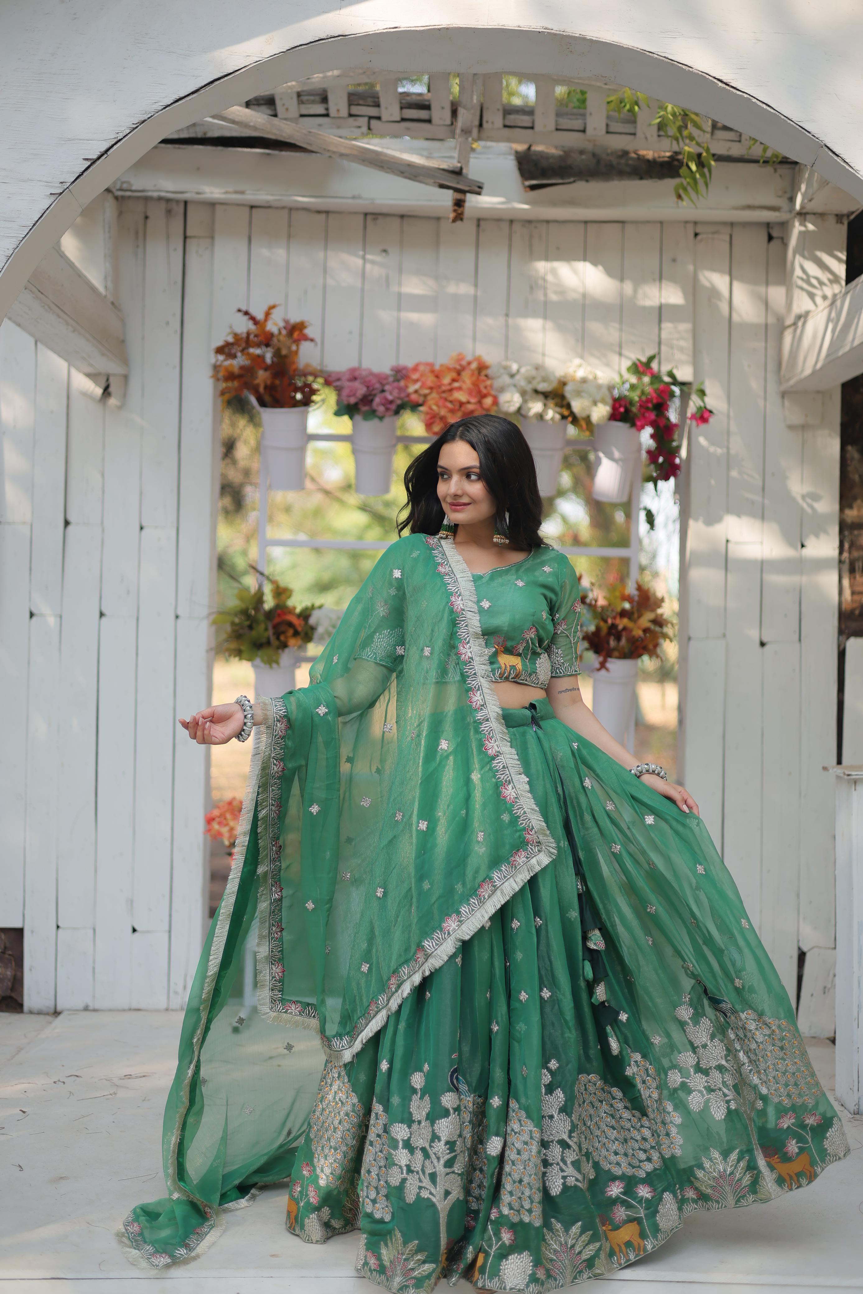 Elegant Light Green Color Heavy Sequins And Thread Embroidered Work Designer Lehenga Choli