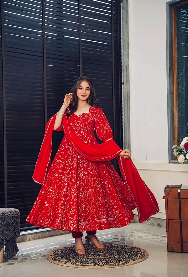 Charming Red Color Heavy Faux Georgette With Embroidery Work Anarkali Gown