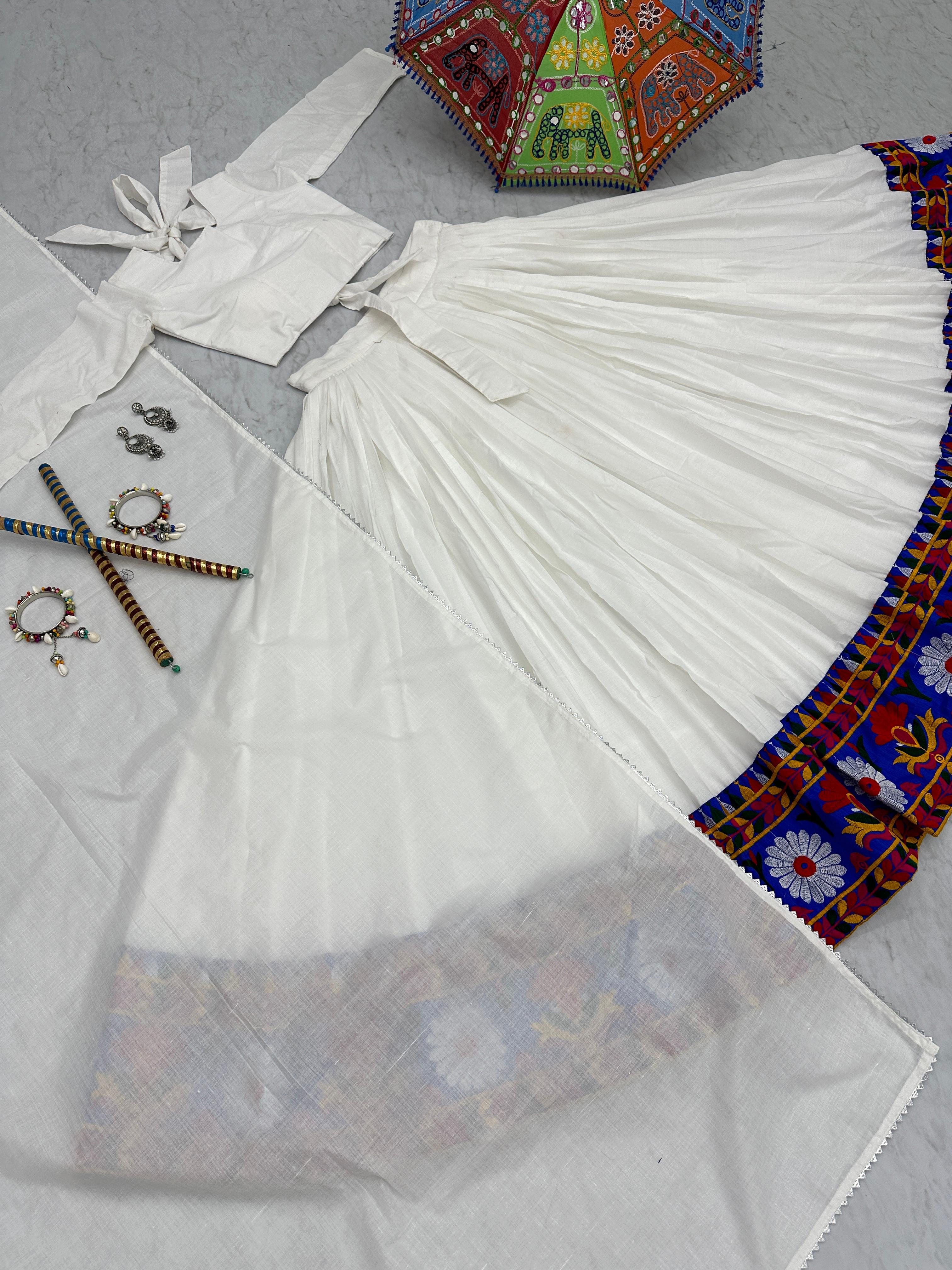 Navratri Special White Color Pure Cottan With Gamthi Work Lehenga Choli