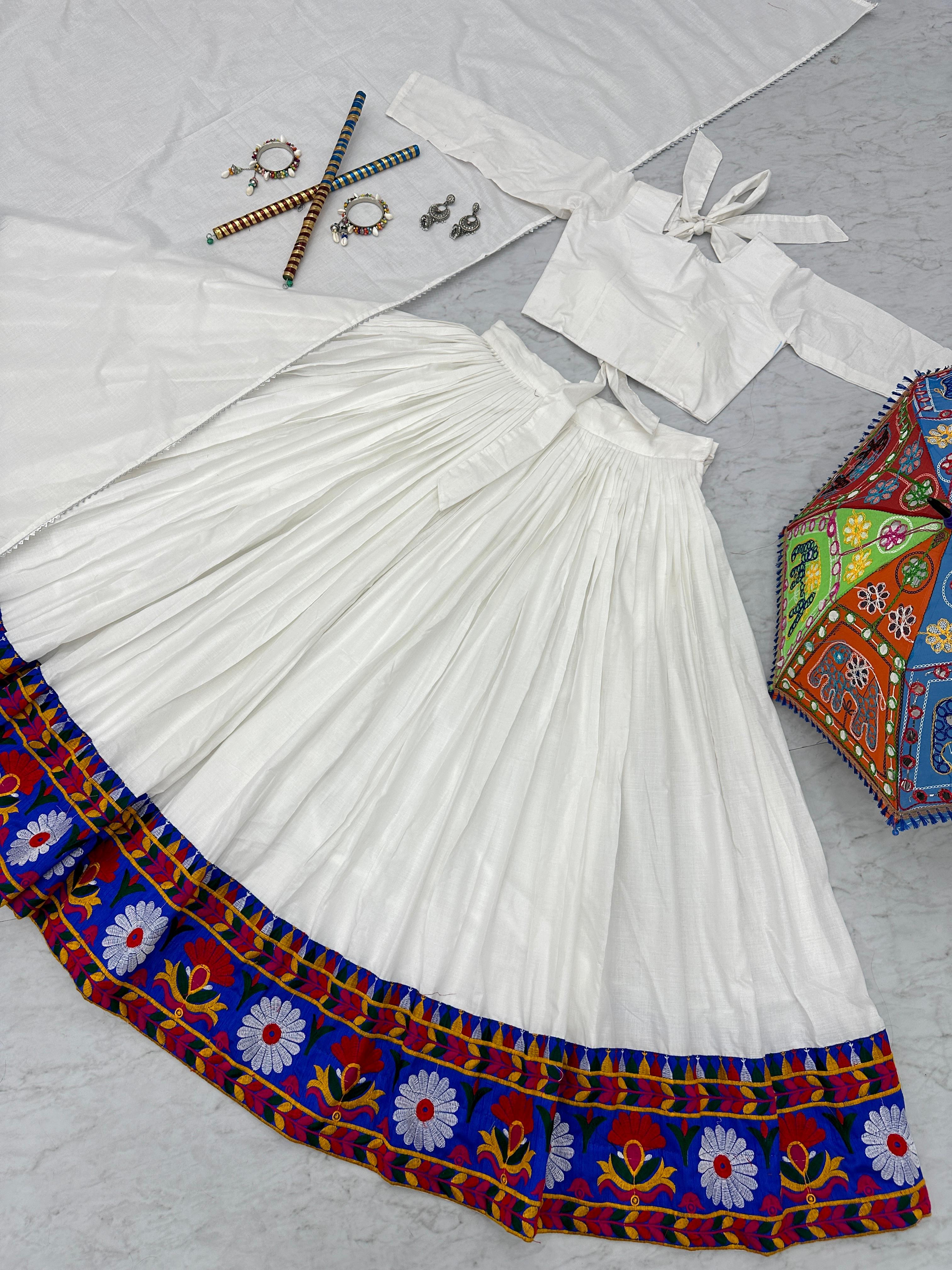 Navratri Special White Color Pure Cottan With Gamthi Work Lehenga Choli