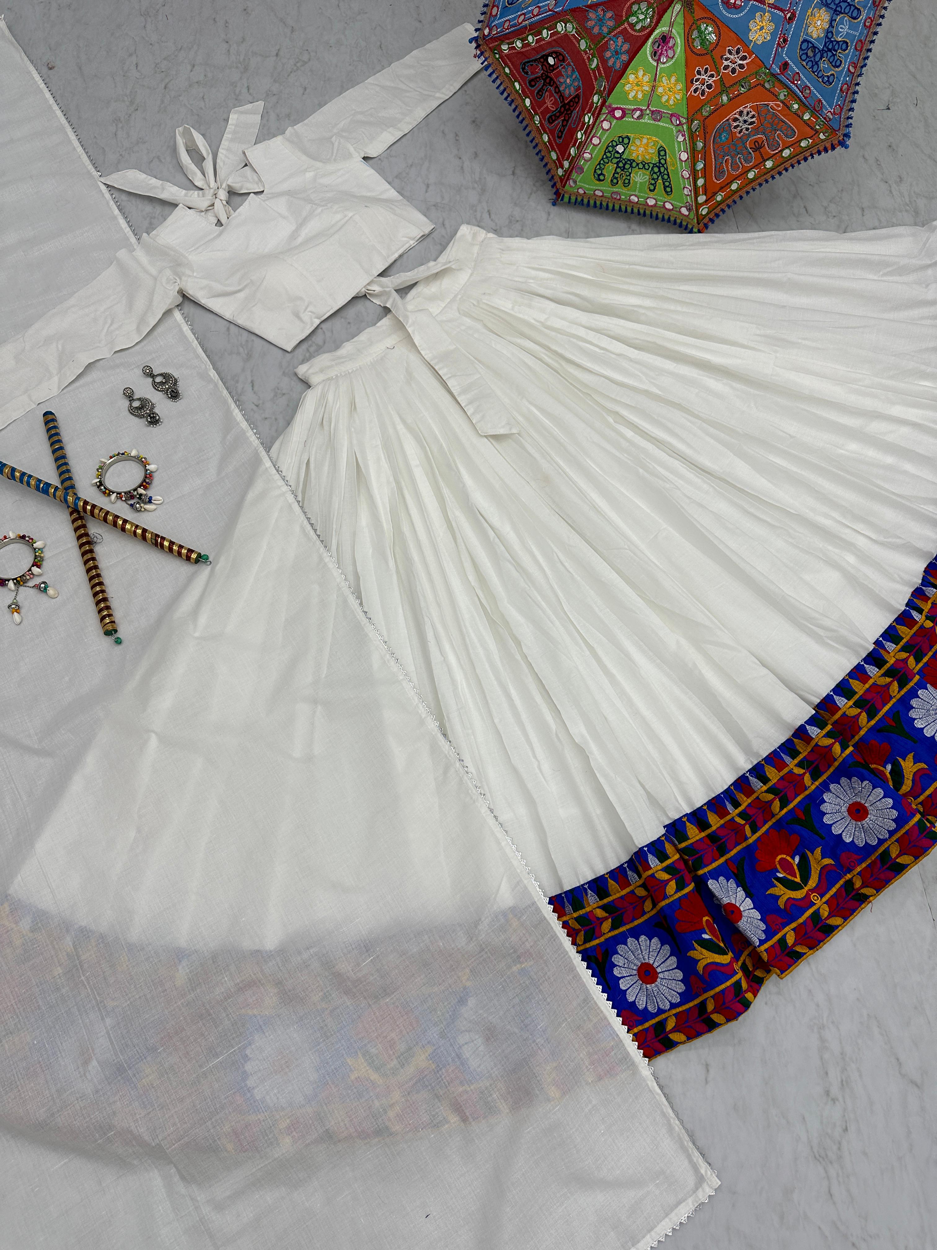 Navratri Special White Color Pure Cottan With Gamthi Work Lehenga Choli