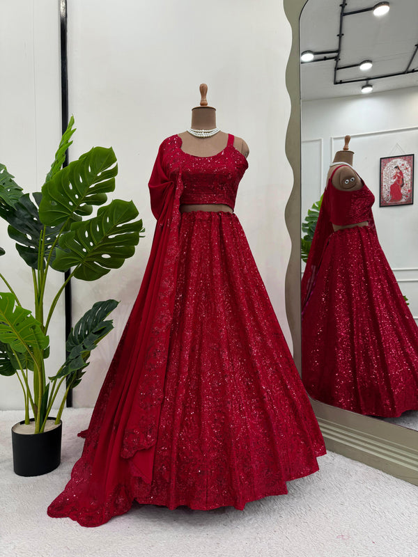 Reception Wear Maroon Color Chinon Silk And Thread With Sequence Designer Lehenga