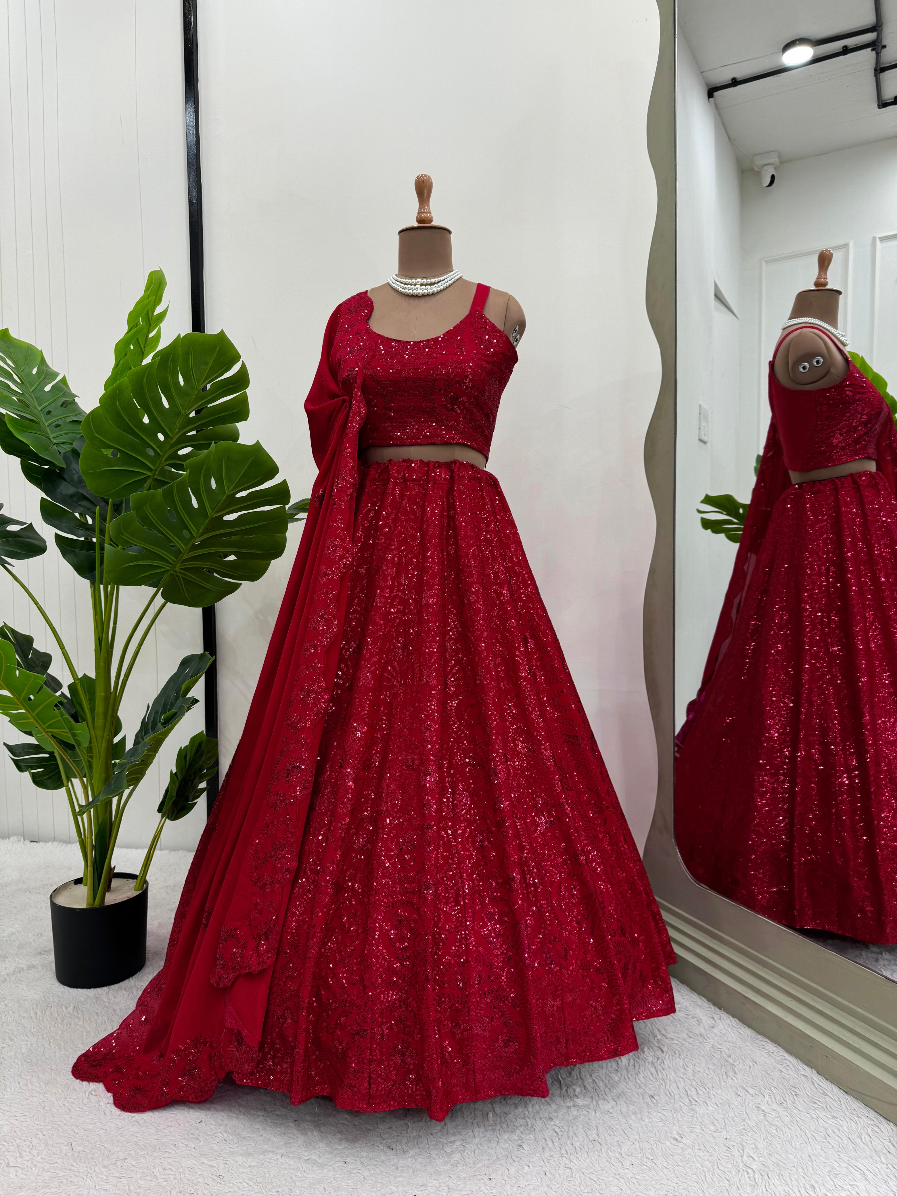 Reception Wear Maroon Color Chinon Silk And Thread With Sequence Designer Lehenga